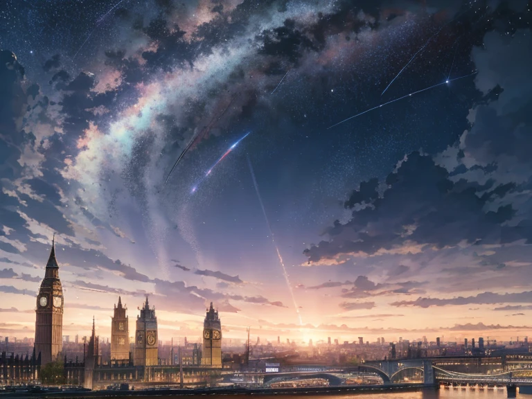United Kingdom　London　Star trails are visible in the sky　Giant comet　London・アイ　The color of the sky with a beautiful gradation　natta　Winters　very beautiful scenery　8K　Top image quality　​masterpiece