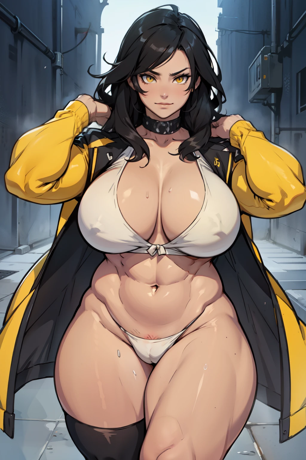 muscular thick thighs massive breasts black hair yellow eyes
