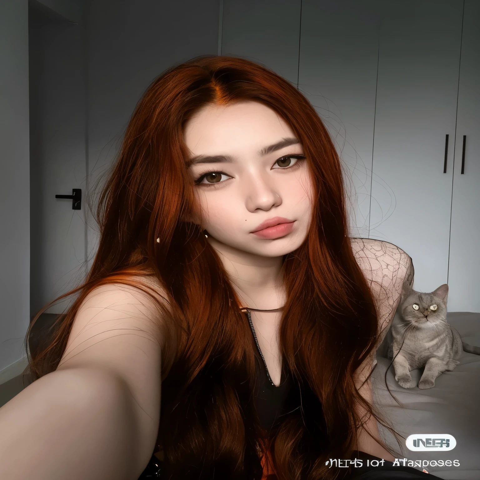 there is a woman taking a selfie with her cat, Fotografia selfie 8k, gatinha jovem bonita, muito bonita gatinha fofa, com cabelos ruivos, ela tem cabelos longos e redorange, Anna Nikonova aka Newmilky, Ela tem longos cabelos castanhos alaranjados, selfie de uma jovem mulher, com cabelos longos e olhos penetrantes, cabelos longos vermelhos castanhos, com longos cabelos ruivos