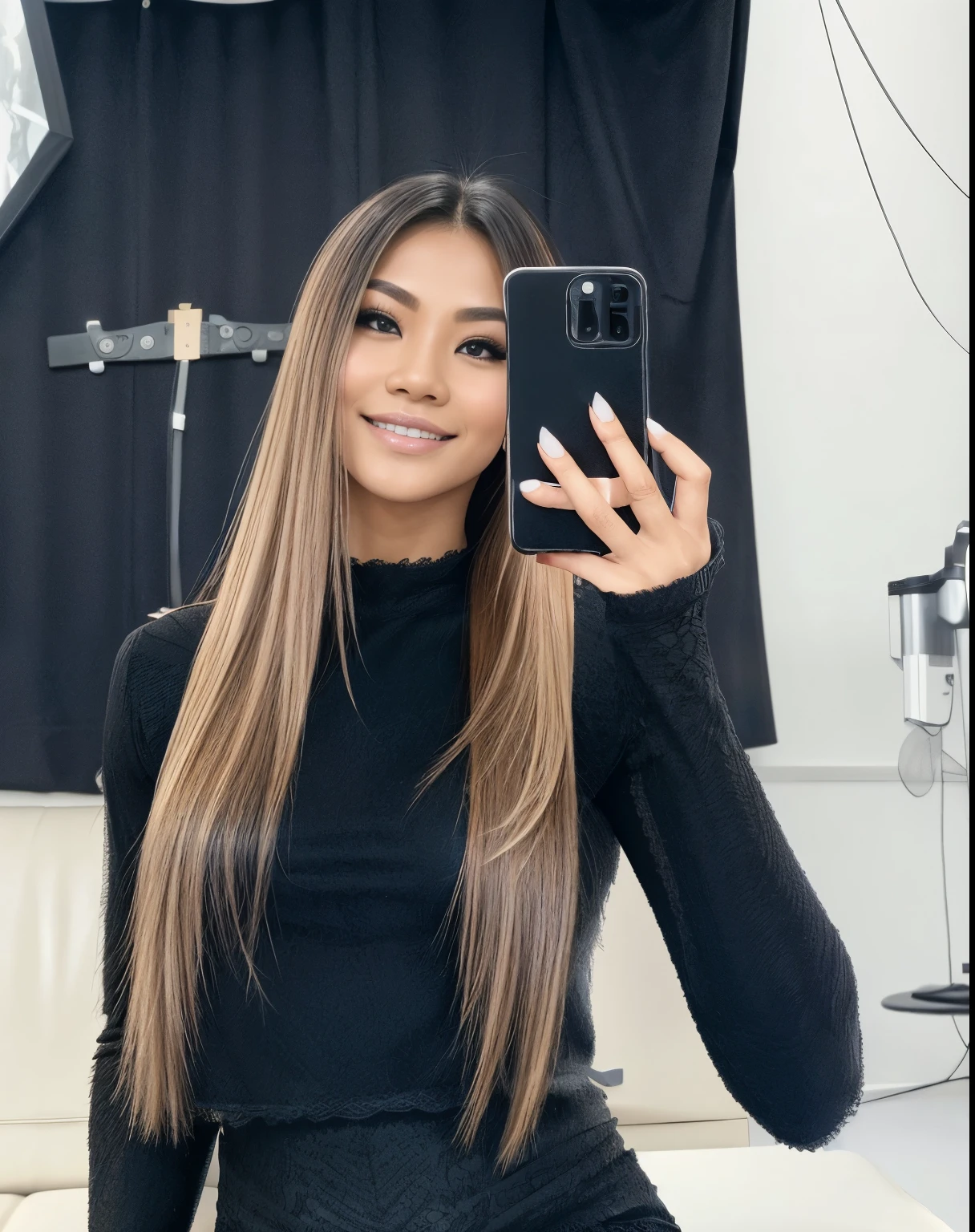 Young Thai woman, Fit physique, fitness physique, wearing sexy black lingerie sitting on the couch with legs open, corps sexy, (8k), (Best quality), (Masterpiece:1.3), (Realstic), (photoreallistic:1.34), Ultra-detailed, [beautiful detailed  eyes], (sourire), (sourire), (beautiful nose detailed), [very long blonde hair], (haut court), lingerie noire, (superbes seins taille normale), (gros plan), profondeur de champ, full body view, sitting on sofa, legs spread, showing crotch, pieds en l'air
