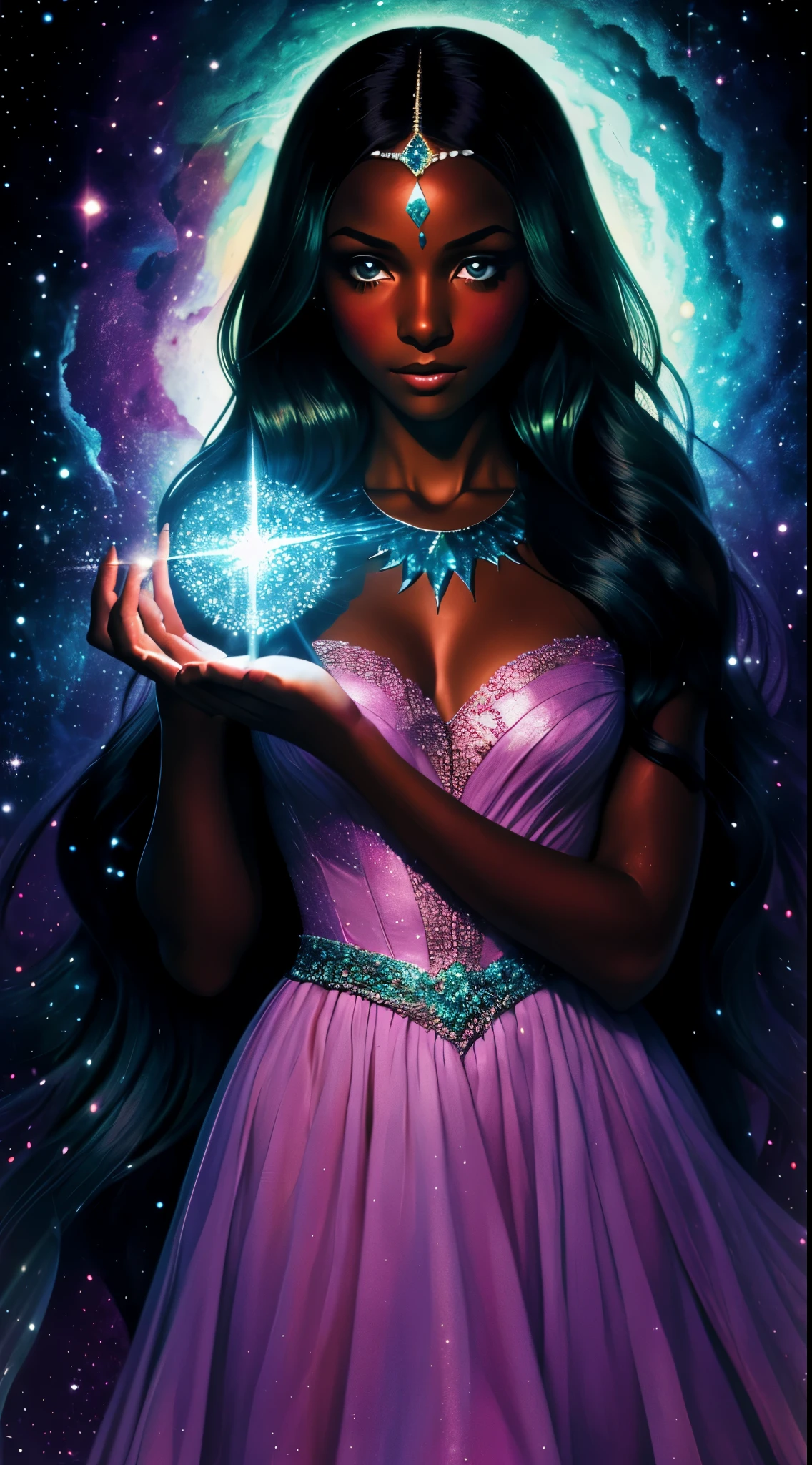 Impressionism drawing of a glamorous black Sudanese queen with dark skin, soft hair, wearing a modern gossamer couture crystal colored dress with a jeweled corset, sparkling eyes, she’s holding a colorful crystal that is prismatic, she is surrounded by small crystals in a cavern blurred in the background, depth of field, shimmering, cinematic, photorealistic facial features, dark pastel iridescent colors, mystical surrealism, crystalcore, fujifilm superia --ar 2:3 .0, manga art style, bokeh, by norman rockwell, seb mckinnon --v 6