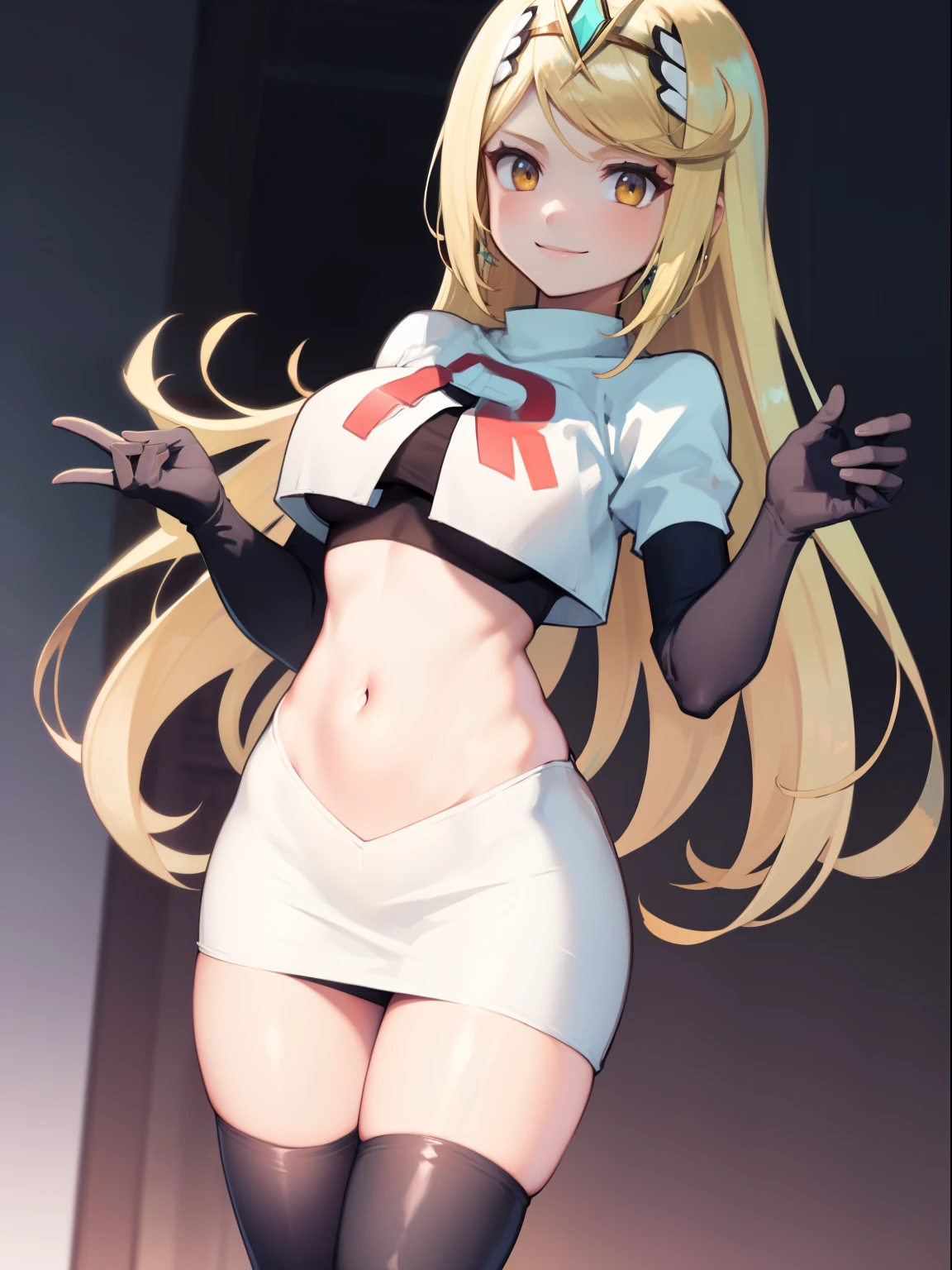 mythra \(xenoblade\), blond hair, yellow eyes, team rocket uniform, red letter R, white skirt,white crop top,black thigh-high boots, black elbow gloves, looking at viewer, cowboy shot, sexy pose, smile