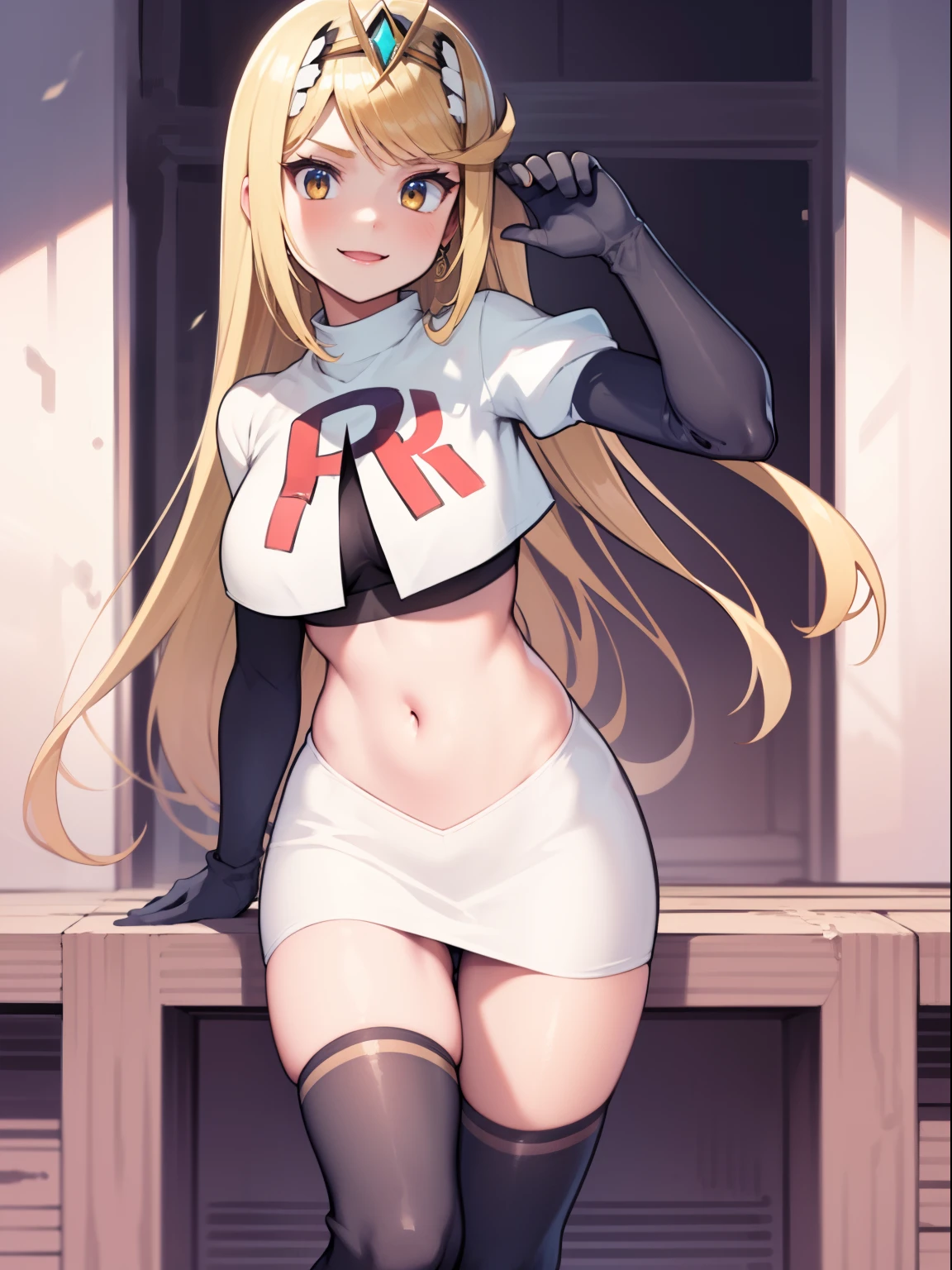 mythra \(xenoblade\), blond hair, yellow eyes, team rocket uniform, red letter R, white skirt,white crop top,black thigh-high boots, black elbow gloves, looking at viewer, cowboy shot, sexy pose, smile