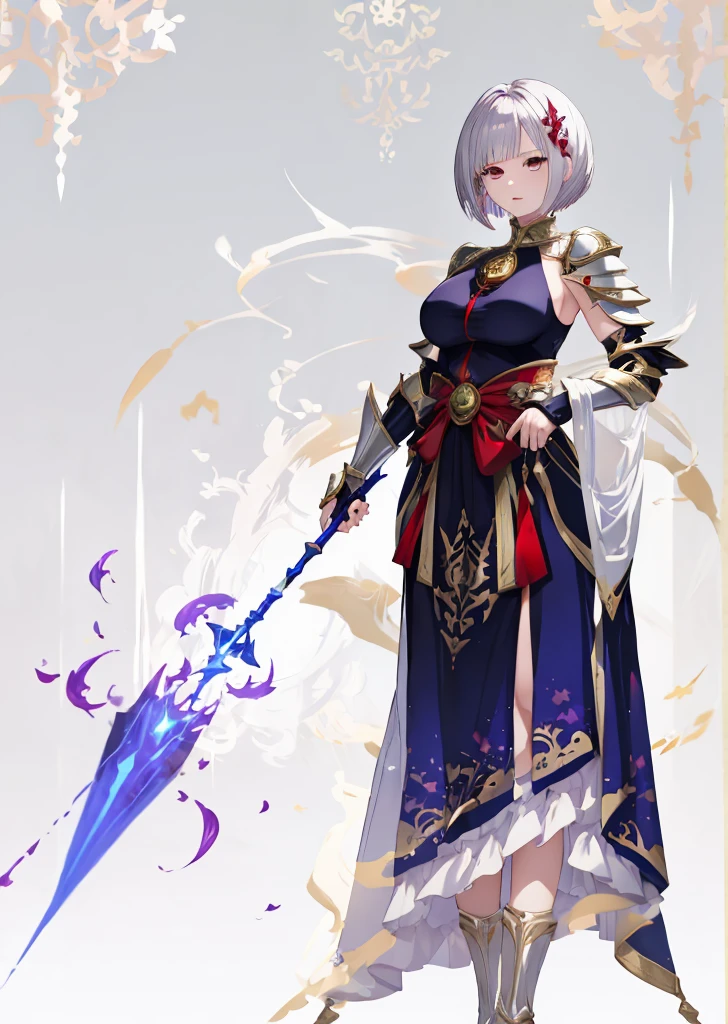 Short hairstyle、Devil background、gazing at viewer、Wearing silvery-white armor、Best image、masutepiece、Beautiful woman、Gorgeous hairstyle、Holding a large spear、Wearing a red aura、