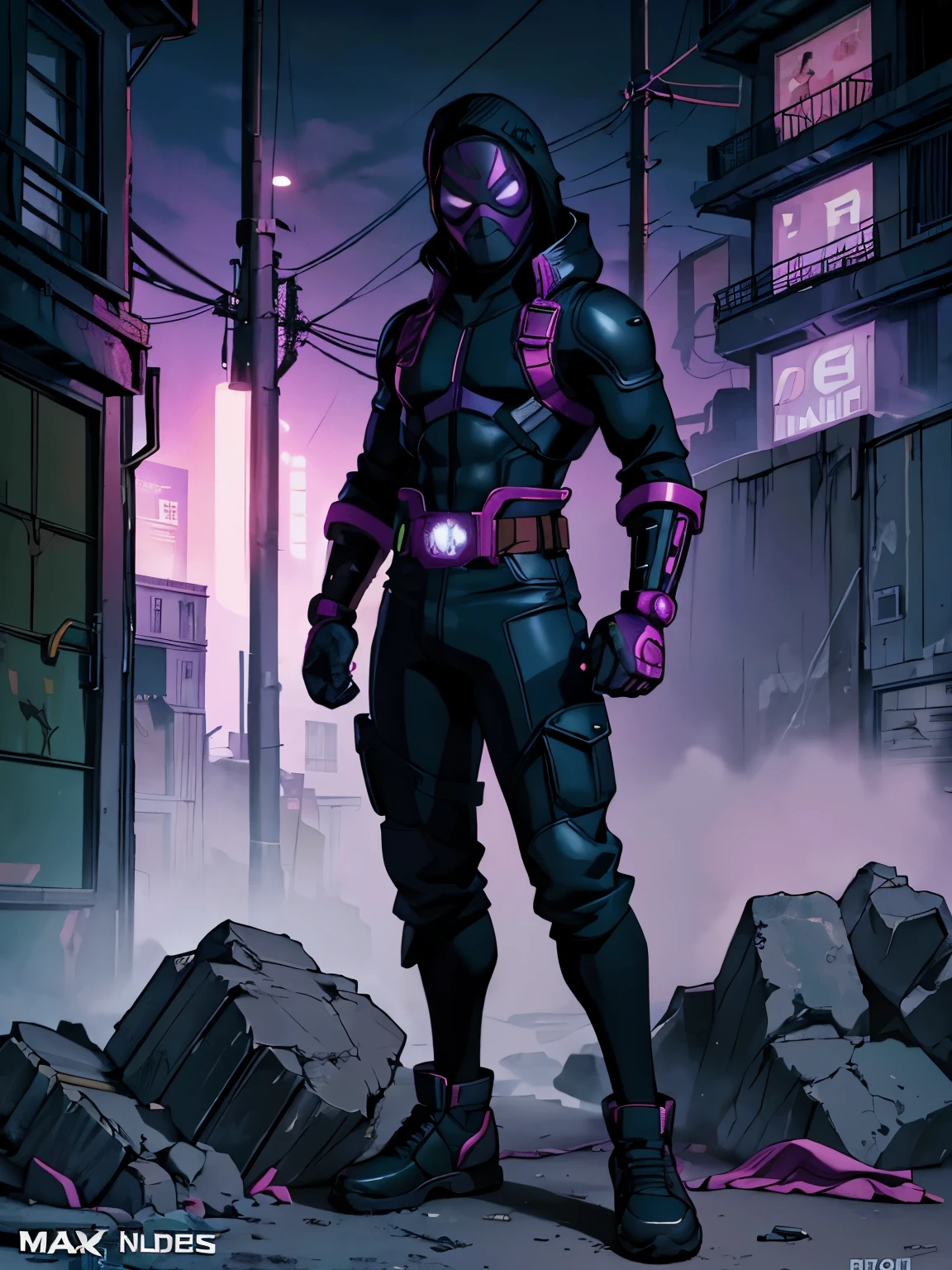 (((My Academic Style Hero))), 1child, Miles Morales, Merodeador Tierra-42, joven, Slim build, Cara cubierta, Cabeza cubierta, Hero suit, Black suit with neon green lines, short purple long-sleeved jacket with neon magenta details, WMASK, WMASK with neon magenta details, black WMASK, WMASK with green eyes, WMASK, Cara cubierta, Cabeza cubierta, ((Estilo Marvel Comics)), black baggy pants with neon magenta details, Black sneakers with neon green and neon magenta details, mechanical guanteletes plateados metalizados con garras on the fingers, mechanical gauntlets with neon magenta light details, guanteletes plateados metalizados con garras, garras de plata, manos medio cerradas, chaqueta deportiva corta, jacket with neon magenta details, ((The Marauder&#39;s Comic Style)), Perfect anatomy, Manos perfectas, Super detailed, En pie, En pie pose, Disparo de vaquero, Disparo de vaquero pose, (Foto de cuerpo entero:1.5), callejones oscuros en el fondo, dark alley in the background, alley in the background,