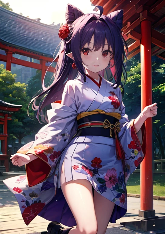 Yuki Konno, Yuki Konno, shairband, Long hair, pointy ear, Purple hair, (Red Eyes:1.5), (Small breasts:1.2), Ahoge,Bun hair,Purple kimono,White mini skirt,knee high socks,Short boots,Happy atmosphere,A smile,In front of the torii gate,shrines,Sunrise,The sun begins to rise,Upper body, Full body,
BREAK outdoors,
BREAK (masutepiece:1.2), Best Quality, High resolution, Unity 8k壁纸, (Illustration:0.8), (Beautiful detailed eyes:1.6), extra detailed face, Perfect Lighting, extremely details CG, (Perfect hands, Perfect Anatomy),