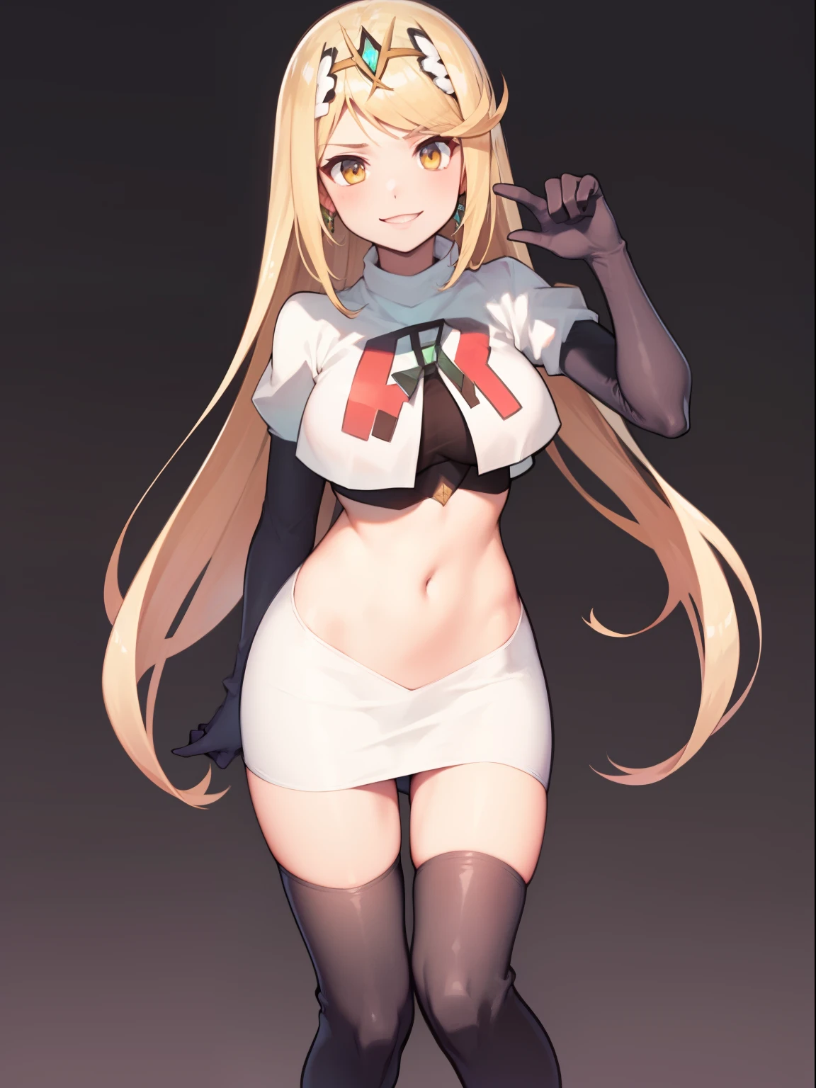mythra \(xenoblade\), blond hair, yellow eyes, team rocket uniform, red letter R, white skirt,white crop top,black thigh-high boots, black elbow gloves, looking at viewer, cowboy shot, sexy pose, smile