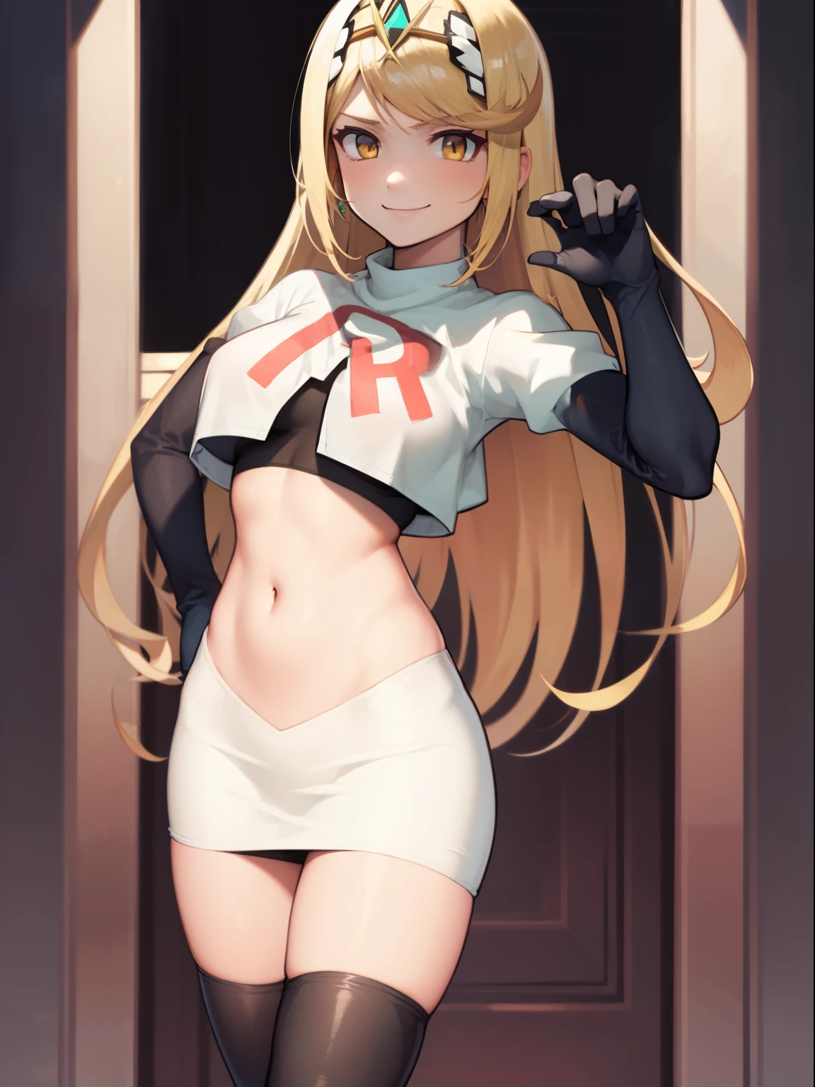 mythra \(xenoblade\), blond hair, yellow eyes, team rocket uniform, red letter R, white skirt,white crop top,black thigh-high boots, black elbow gloves, looking at viewer, cowboy shot, sexy pose, smile