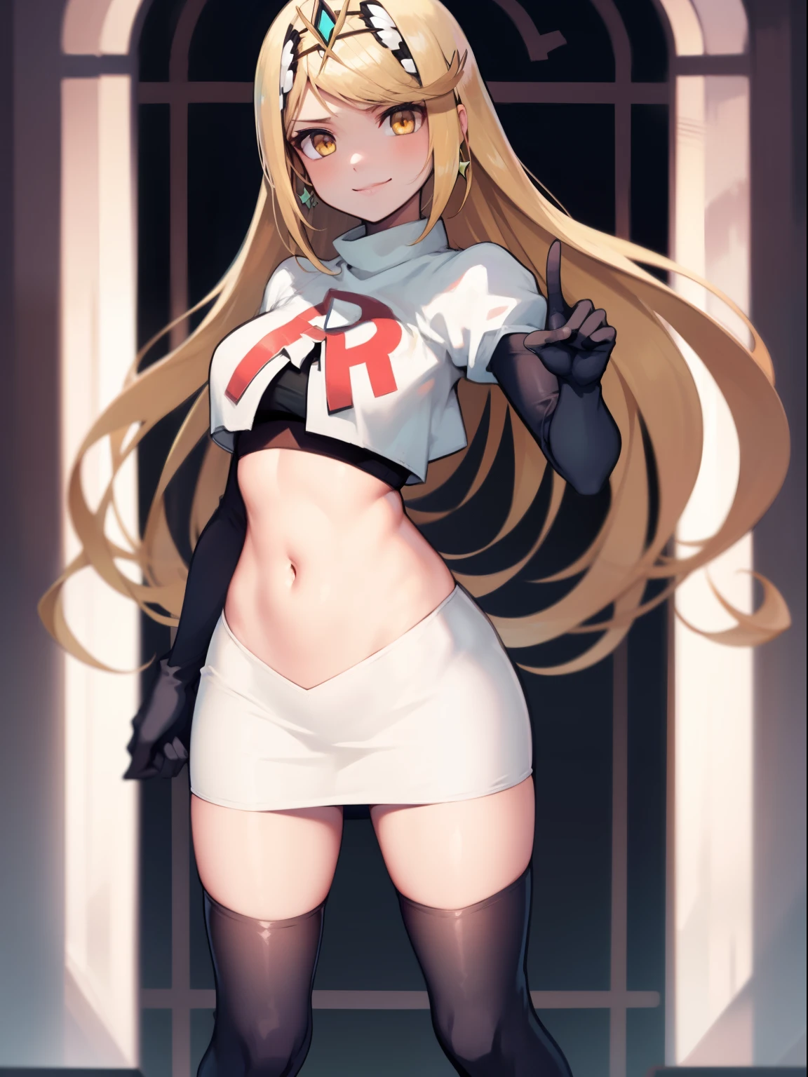 mythra \(xenoblade\), blond hair, yellow eyes, team rocket uniform, red letter R, white skirt,white crop top,black thigh-high boots, black elbow gloves, looking at viewer, cowboy shot, sexy pose, smile