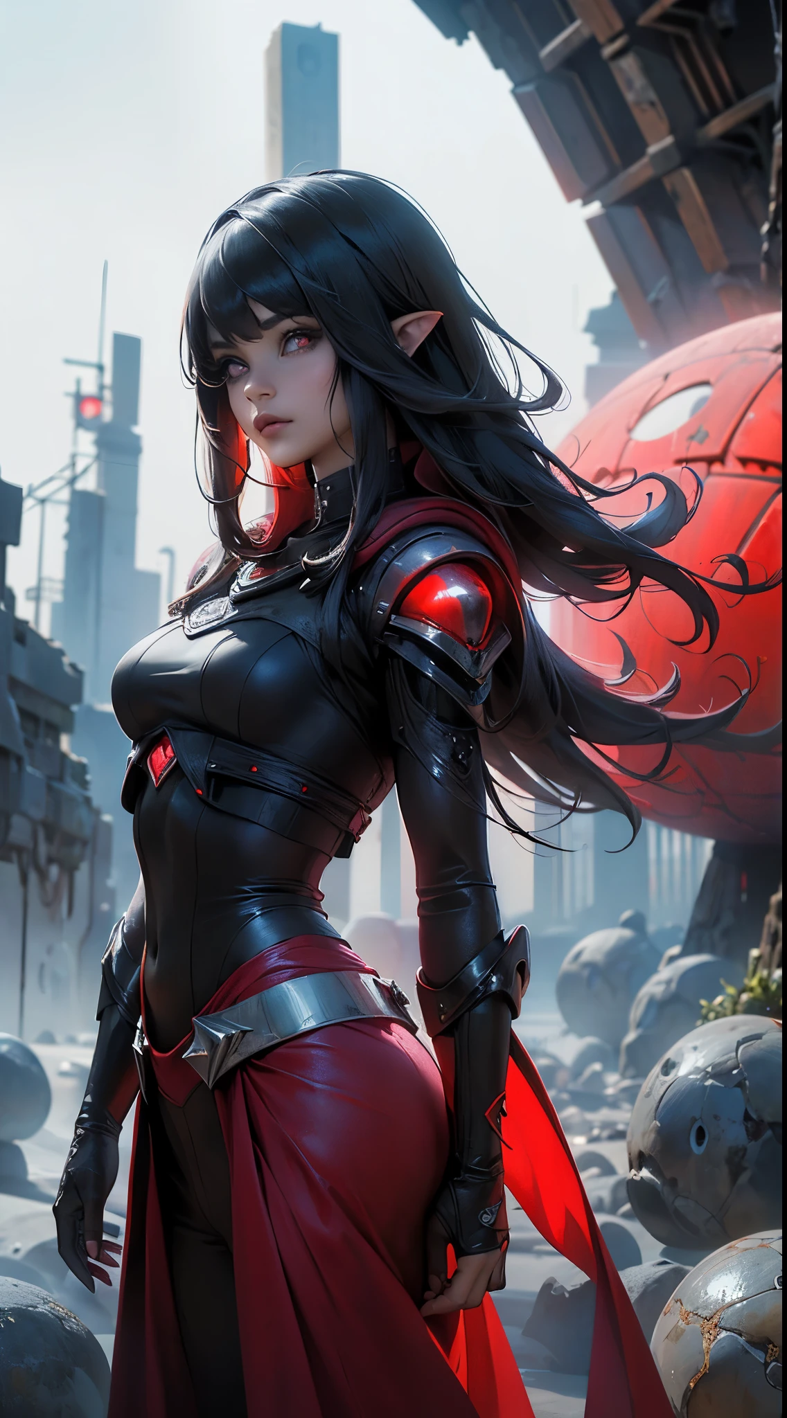 (La mejor calidad,A high resolution,Ultra - detallado,actual) ,primer plano Ariana Grande con pantalon de cuero rojo, top rojo, cabello largo white canoso,  (alien invasion background extraterrestrial ships:1.4), (hermosos ojos azuleondo piedras grandes negro:1.4) , (pose vaquero ), (realistic) ,Arte detallado de alta calidad 8K, Fanart Mejor ArtStation, Fantasy art style , (ciborg white red:1.4), (ciudad apocalyptic colors ciberpunk:1.4),cyberpunked white,