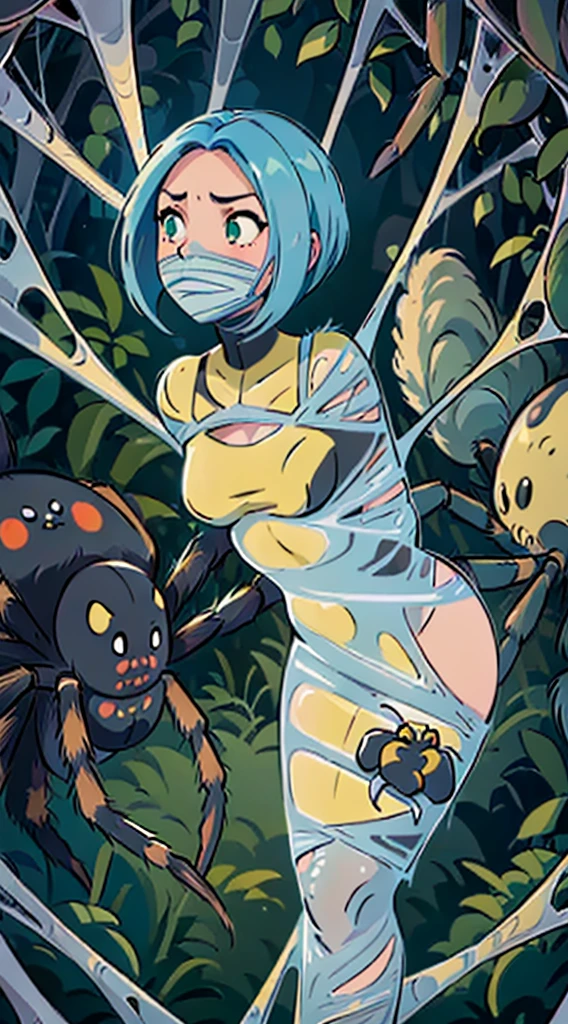 from side, close up, (Upper Body: 1.4), erotic, dramatic pose, ((1 woman: 1.7 )), blue colored hair, (bob cut), ( center part), ((thick hair)), in her 20's, sexy, spider web, tied up, cocoon, bound, ((gagged: 1.4)), (slime) gag, gaouth is totally covered by gag: 1.4)), silk, ((arms bound behind back: 1.4)), frightened expression, hyperdetailed face constrained movement, restricted mobility, desperate struggle, bondage, helpless, terrified eyes, cobwebs, detailed spiderweb texture, tangled web, gooey silk strands, ((((she is captured by a small green spider)))), slimy, detailed fangs, sharp fangs, detailed, legs, (( small green spider is wrapping her up, active spiderweb wrapping, wrapping her up in gooey webs, spider spinning silk, pulling sticky webbing around her, cocooning her, binding her in webbing: 1.4)), detailed spiderweb texture, atmospheric perspective, super detail, High resolution, very clear, best quality, ultra realistic, (((16k, cg, masterpiece))), ultra detailed background, delicate pattern, intricate detail, highly detailed, fine details best quality, (photorealistic), beautiful lighting, absurdres, video game cut scene, RAW photo, dynamism, fluidity, suspenseful moment, emotional intensity