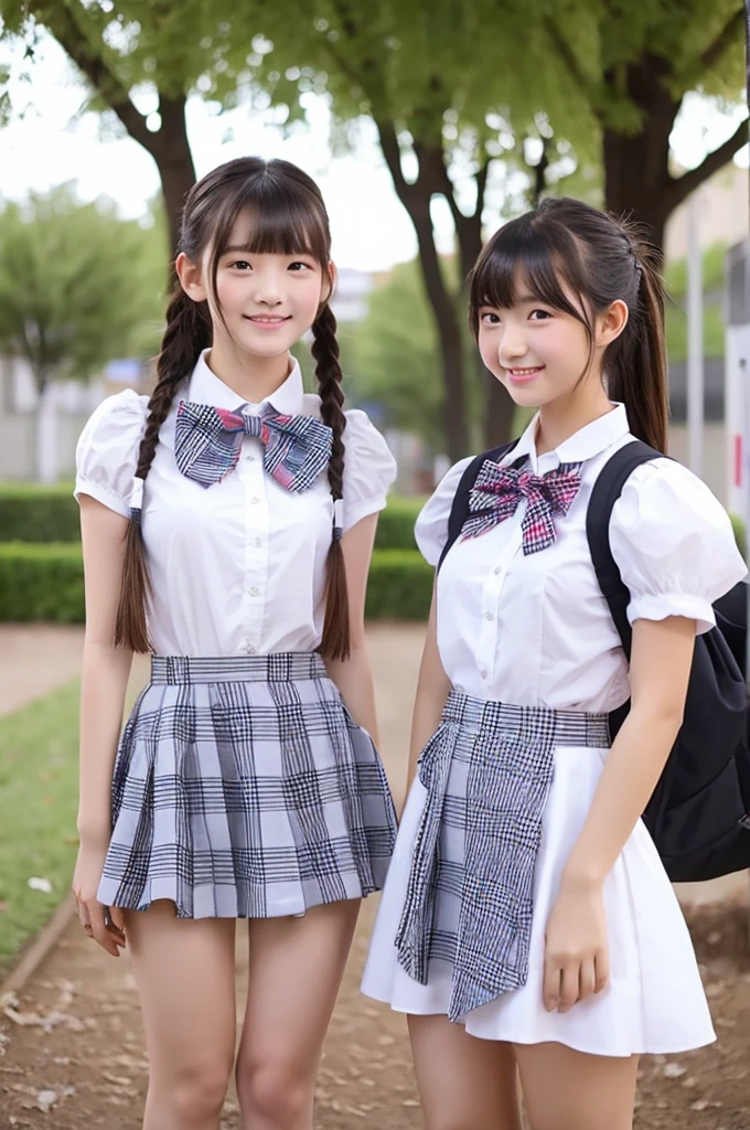 2 girls standing in school yard,white ruffled dress,plaid bow tie,18-year-old,bangs,a little smiles,thighs,knees,ponytail,from below