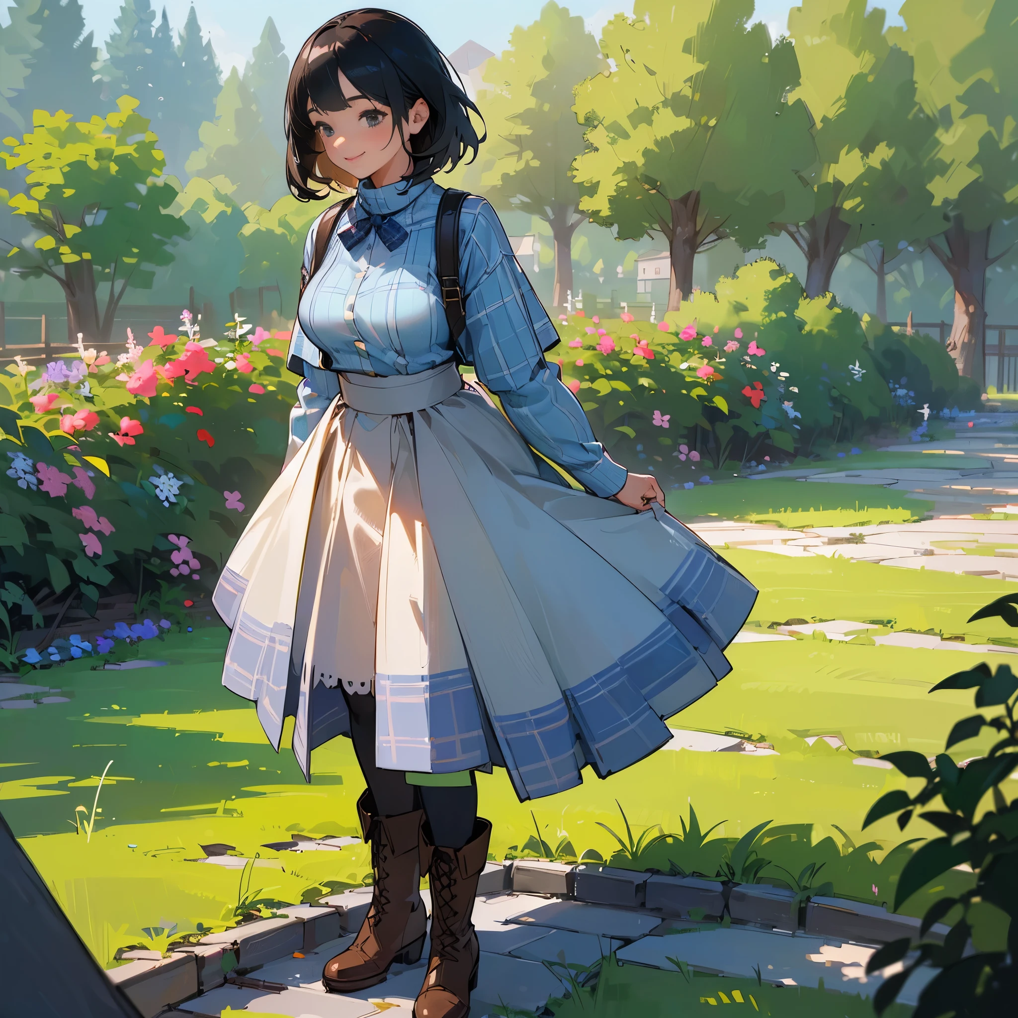 (High quality, High resolution, Ultra-detailed, Realistic:1.37), peaceful ambiance, (plein air, garden), girl standing alone, (My breasts are big.), Beautiful detailed features, Cute smile, (Black bob hair), Ribbed sweater, blue plaid skirt, Black tights, Brown boots.