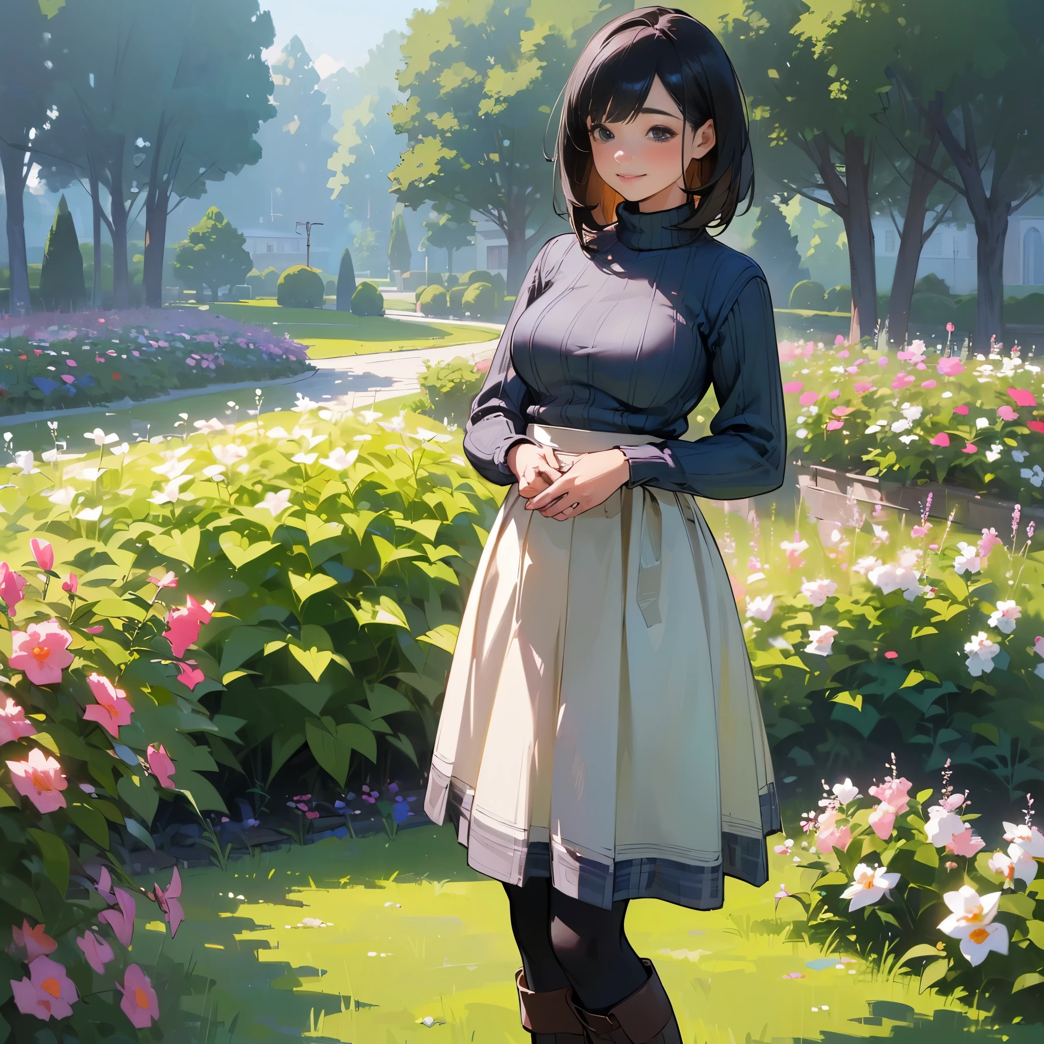 (High quality, High resolution, Ultra-detailed, Realistic:1.37), peaceful ambiance, (plein air, garden), Teenage girl standing alone, (My breasts are big.), Beautiful detailed features, Cute smile, (Black bob hair), Ribbed sweater, blue plaid skirt, Black tights, Brown boots.