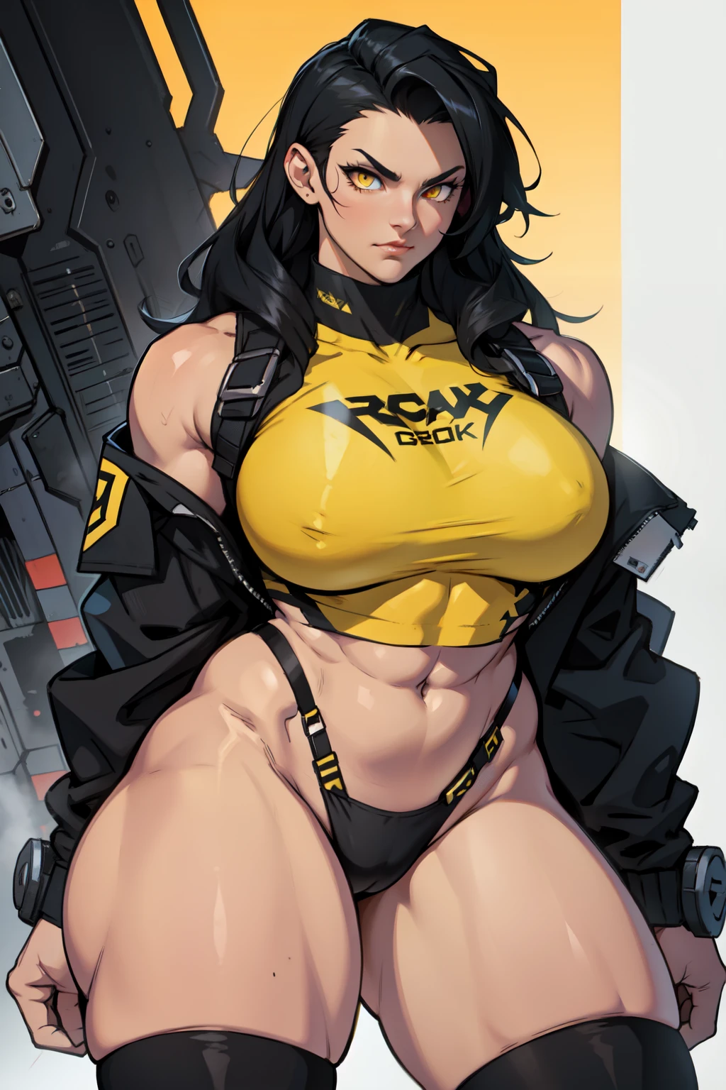 muscular thick thighs huge breasts black hair yellow eyes