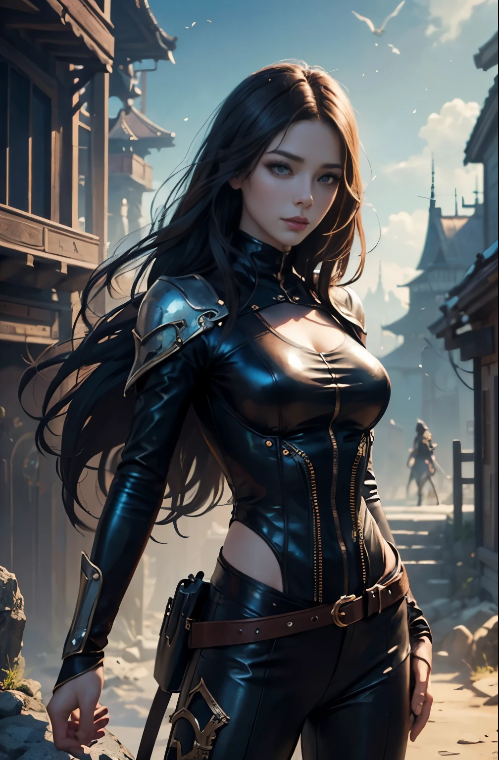 there is a woman in a leather outfit posing for a picture, Stunning character art, epic exquisite character art, beautiful character painting, alena aenami and artgerm, by Yang J, graphic artist magali villeneuve, steampunk beautiful anime woman, artgerm julie bell beeple, style of raymond swanland, artwork in the style of guweiz, Best Quality, Perfect Angle, perfect-composition, Best Shots, Official art, ciinematic light, very beautiful and fantastic scenery, chivalry dream, female solo, supreme work of art