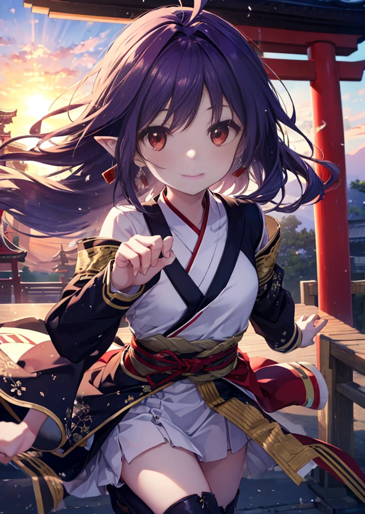 Yuki Konno, Yuki Konno, shairband, Long hair, pointy ear, Purple hair, (Red Eyes:1.5), (Small breasts:1.2), Ahoge,Side tail,purple furisode,White mini skirt,knee high socks,Short boots,Happy atmosphere,A smile,In front of the torii gate,shrines,Sunrise,The sun begins to rise,Upper body, Full body,
BREAK outdoors,
BREAK (masutepiece:1.2), Best Quality, High resolution, Unity 8k壁纸, (Illustration:0.8), (Beautiful detailed eyes:1.6), extra detailed face, Perfect Lighting, extremely details CG, (Perfect hands, Perfect Anatomy),