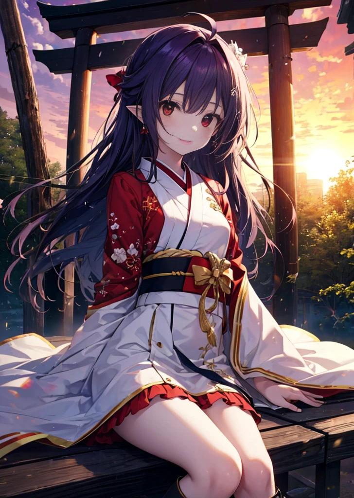 Yuki Konno, Yuki Konno, shairband, Long hair, pointy ear, Purple hair, (Red Eyes:1.5), (Small breasts:1.2), Ahoge,Side tail,purple furisode,White mini skirt,knee high socks,Short boots,Happy atmosphere,A smile,In front of the torii gate,shrines,Sunrise,The sun begins to rise,Upper body, Full body,
BREAK outdoors,
BREAK (masutepiece:1.2), Best Quality, High resolution, Unity 8k壁纸, (Illustration:0.8), (Beautiful detailed eyes:1.6), extra detailed face, Perfect Lighting, extremely details CG, (Perfect hands, Perfect Anatomy),