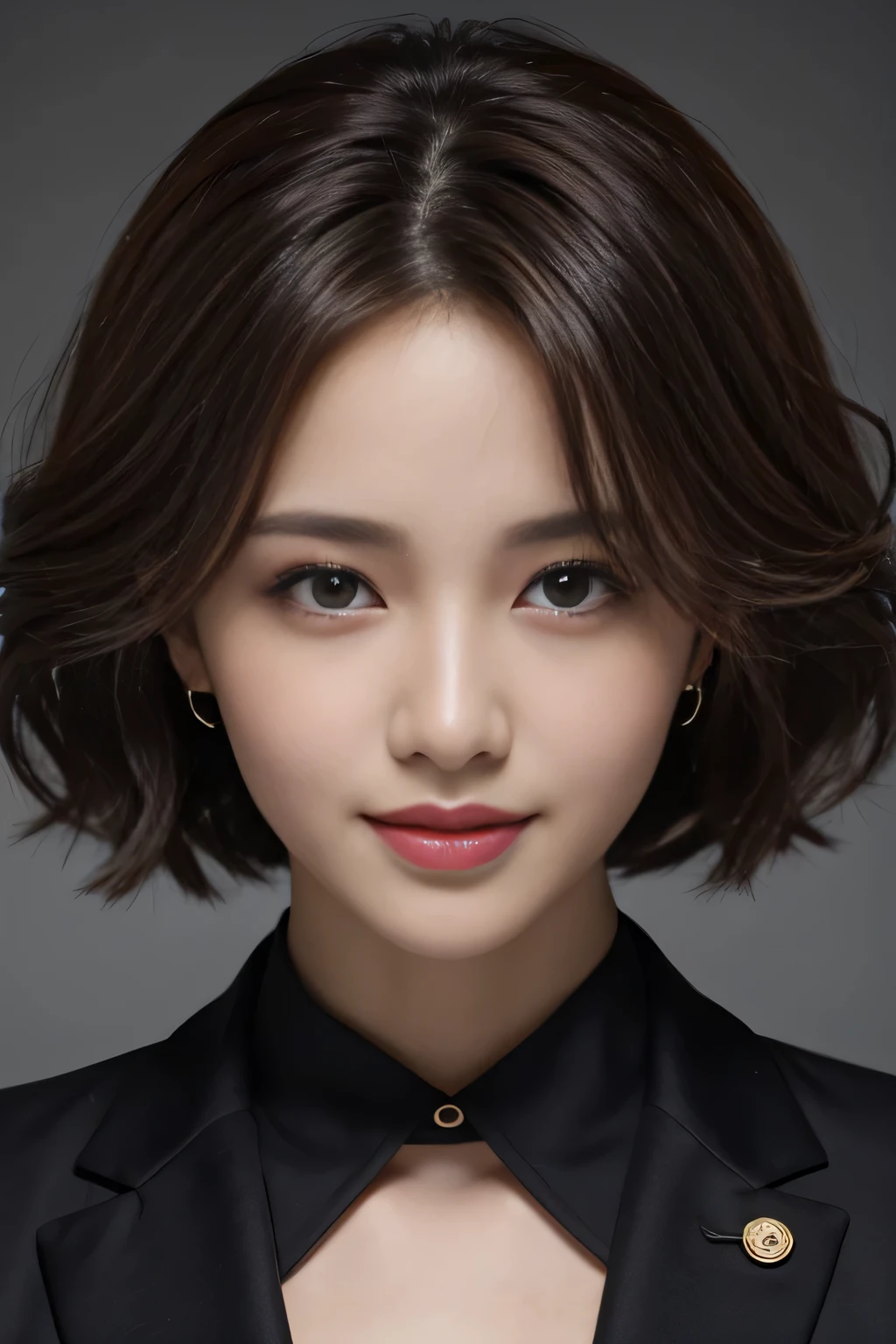 Best Quality, Realistically, ultra - detailed, Detailed pubic hair, hight resolution, Single-color background,8k wallpaper, 1 beautiful woman,short curly hair details, wear a dark suit, lock focus, Perfect dynamic composition, beautidful eyes, Delicate hair, 细致Realistically的皮肤纹理, Smiling, closeup portrait, Model body type