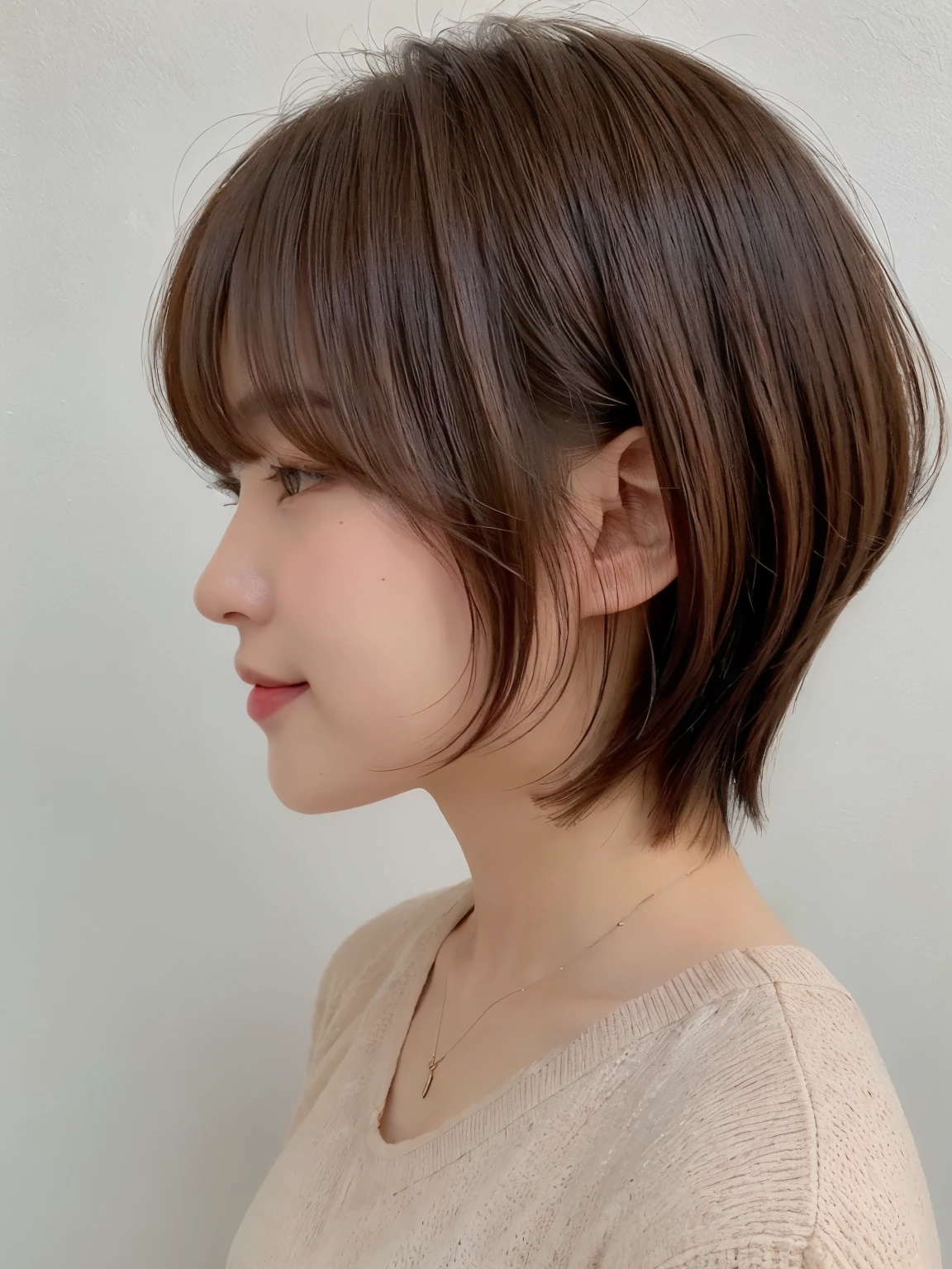 Concrete background、(8K、Raw photography、top-quality、masterpiece:1.2)、high-definition RAW color photography、professional photograpy、(realisitic、フォトrealisitic:1.37)、Shot in natural light、1girl in、A smile、(Poses variadas)、Crouch down、crouching down、BREAK (Ombre:1.3) 、Winter clothes、 Necklace、light pink knit、(Beautiful profile:1.3)、Don't look at the camera、profile、short-cut、((Brown hair)、short-hair、Eye color is dark brown、(Beautiful profile:1.3)、correct hand of human body、Depressed、