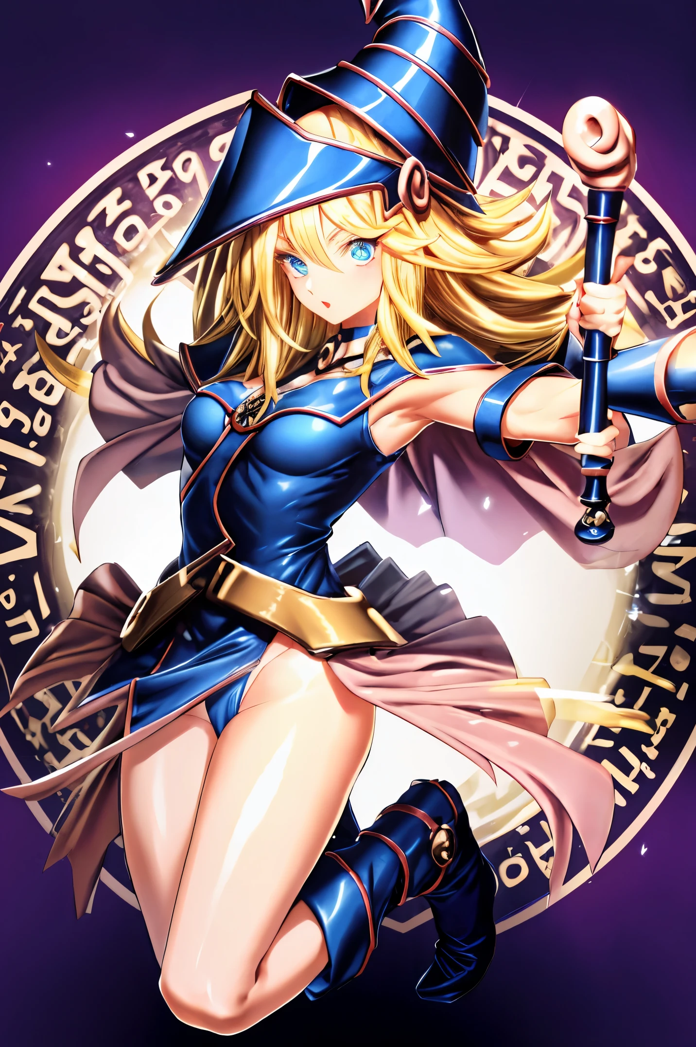 ultra-detailed, extremely detailed, masterpiece, highest quality, best quality, absurdres, highres, dark magician girl, (1girl:1.2), solo, detailed face, dynamic pose, hair flow, (full body:1.1), blonde hair, long hair, looking at viewer, green eyes, skindentation, detailed skin, skin pores, (shiny skin, glossy skin:1.1), rosy skin details, breasts, nail polish, skirt, blue footwear, blue headwear, wizard hat, wand, holding hat, (blue panties:0.9), (summoning circle:1.1), hexagram, pentacle, pentagram, yu-gi-oh!, duel monster, purple magic field, glow, detailed background, intricate background,
