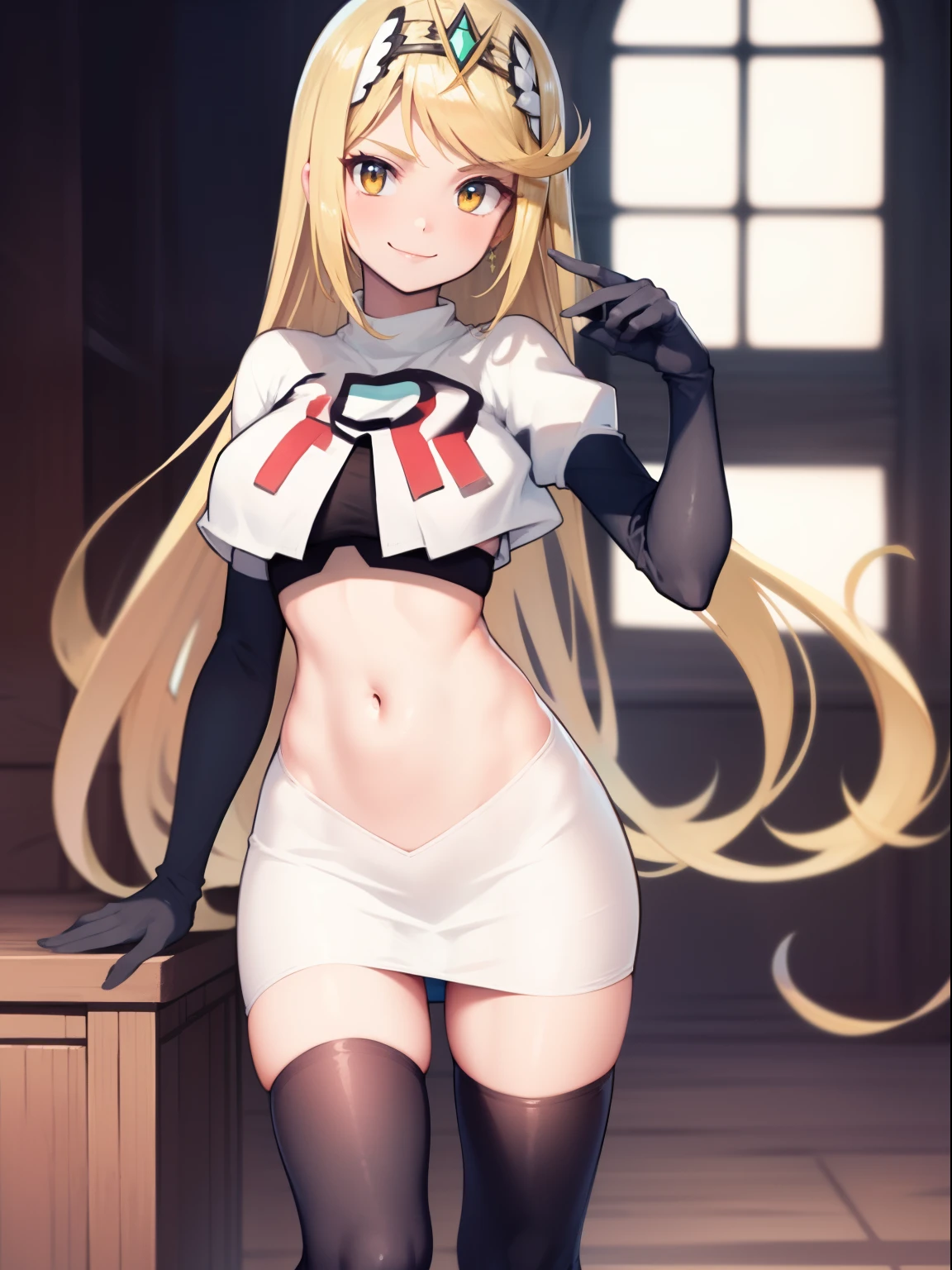 mythra \(xenoblade\), blond hair, yellow eyes, team rocket uniform, red letter R, white skirt,white crop top,black thigh-high boots, black elbow gloves, looking at viewer, cowboy shot, sexy pose, smile