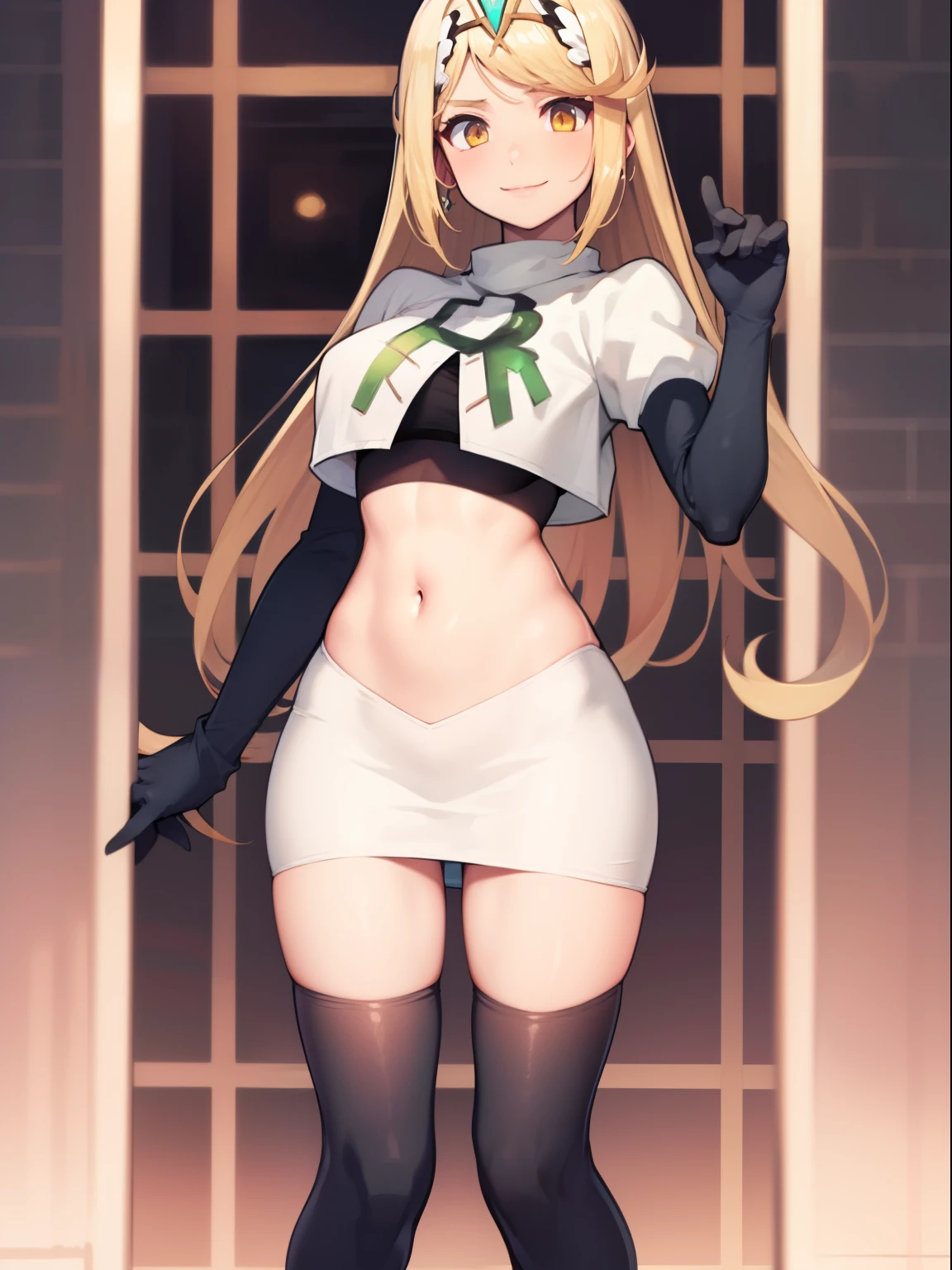 mythra \(xenoblade\), blond hair, yellow eyes, team rocket uniform, red letter R, white skirt,white crop top,black thigh-high boots, black elbow gloves, looking at viewer, cowboy shot, sexy pose, smile
