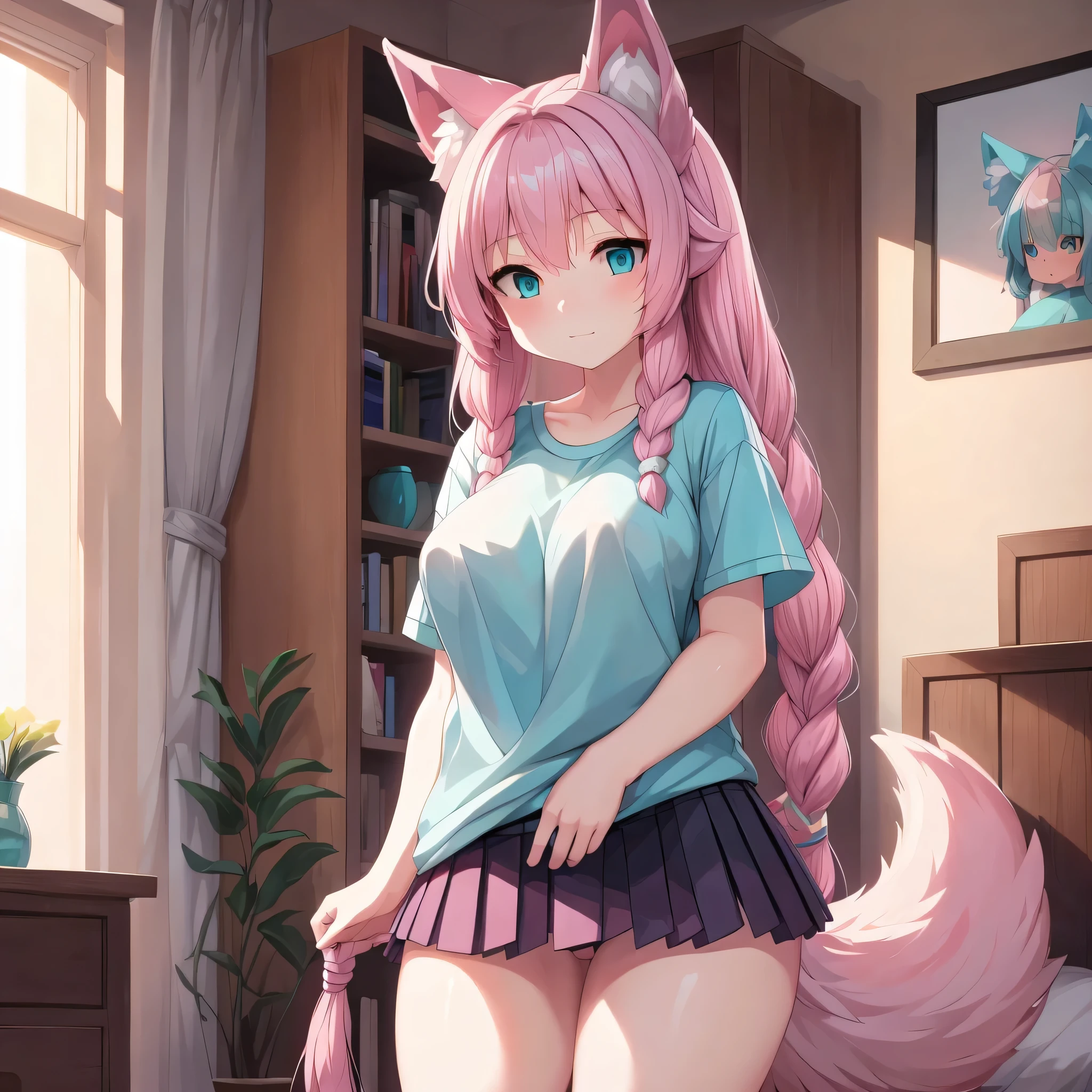 (Masterpiece) (High Detail) (High Res) A close up of a short ite humanoid girl with pale human skin and bright turquoise-coloured eyes and long pink hair in a braid and large fluffy pink dog ears and a big fluffy pink dog tail and average breasts. She is alone in her bedroom. Pink hair. She is wearing an oversized pink t-shirt and a black pleated skirt.