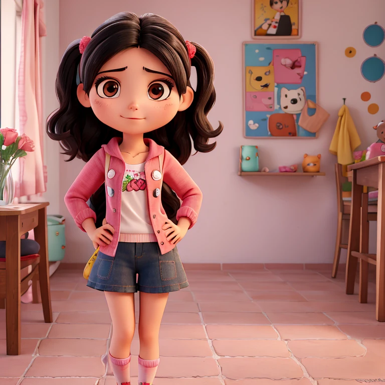 17 year old woman, güera, chaparrita flaquita , con ojos cafes y anteojos rosas cuadrados ,con labios bonitos, pelo lacio largo de color negro suelto , con pijama rosa con dibujos de hello Kitty , y calcetines blancos ,