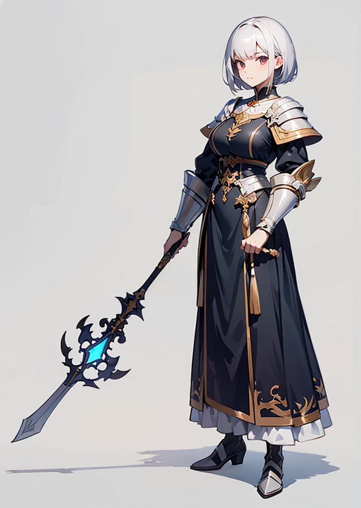 Wearing white armor、Hold a big spear、Short hairstyle、Devil background、gazing at viewer、Wearing silvery-white armor、Best image、masutepiece、Beautiful woman、Gorgeous hairstyle、Holding a large spear、Wearing a red aura、