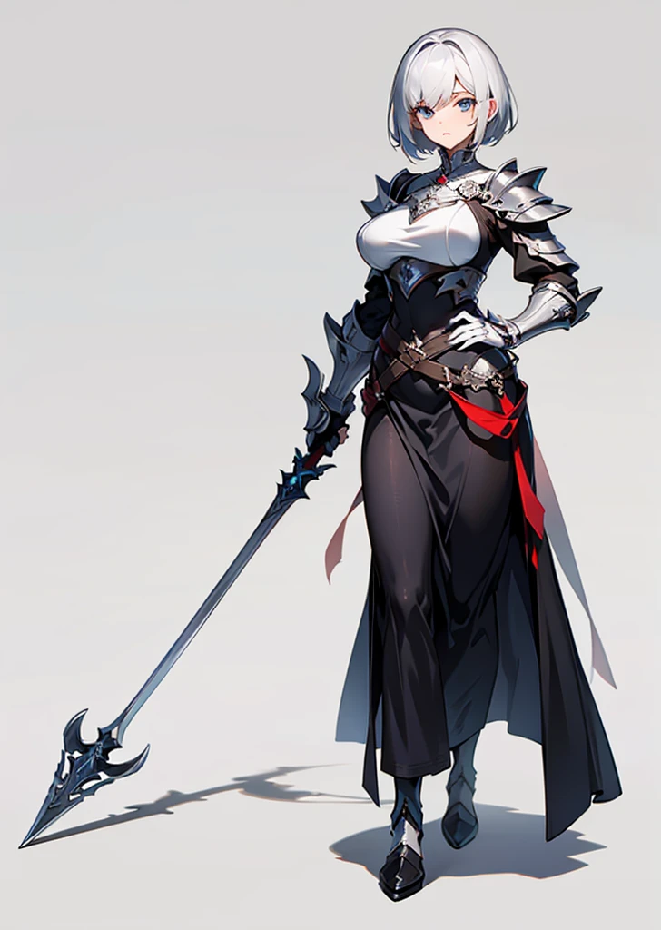 Wearing white armor、Hold a big spear、Short hairstyle、Devil background、gazing at viewer、Wearing silvery-white armor、Best image、masutepiece、Beautiful woman、Gorgeous hairstyle、Holding a large spear、Wearing a red aura、