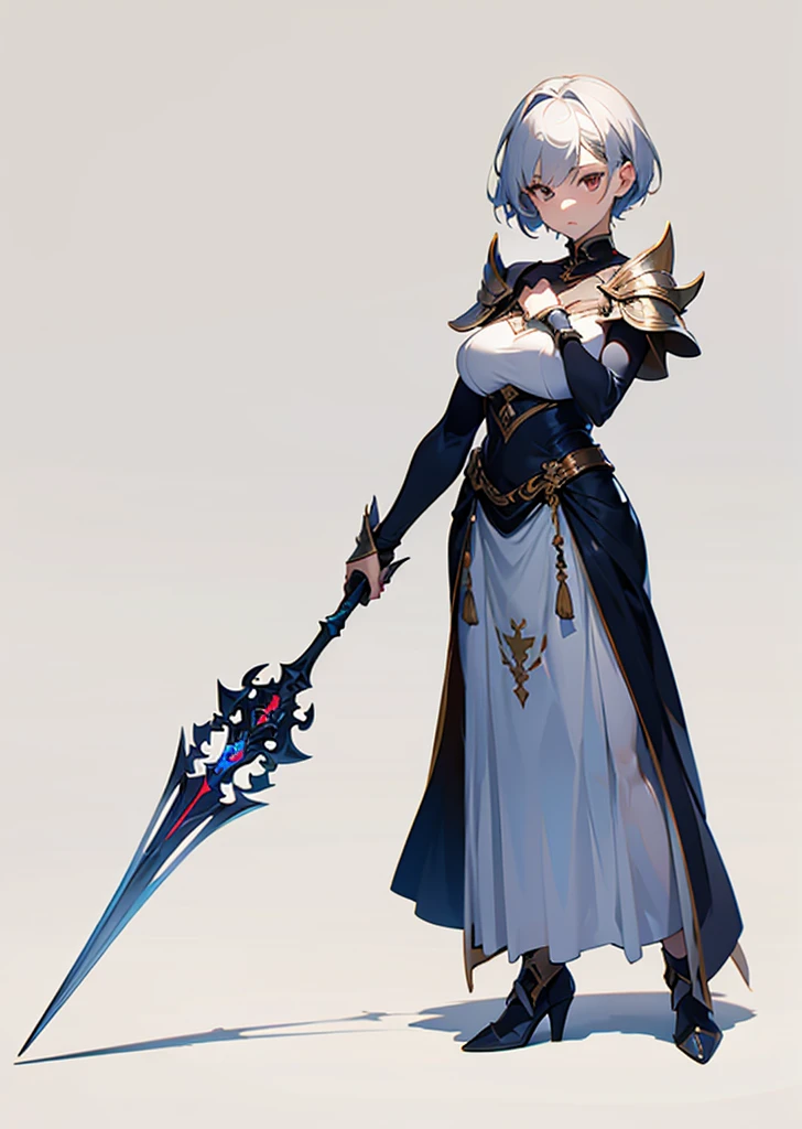 Wearing white armor、Hold a big spear、Short hairstyle、Devil background、gazing at viewer、Wearing silvery-white armor、Best image、masutepiece、Beautiful woman、Gorgeous hairstyle、Holding a large spear、Wearing a red aura、