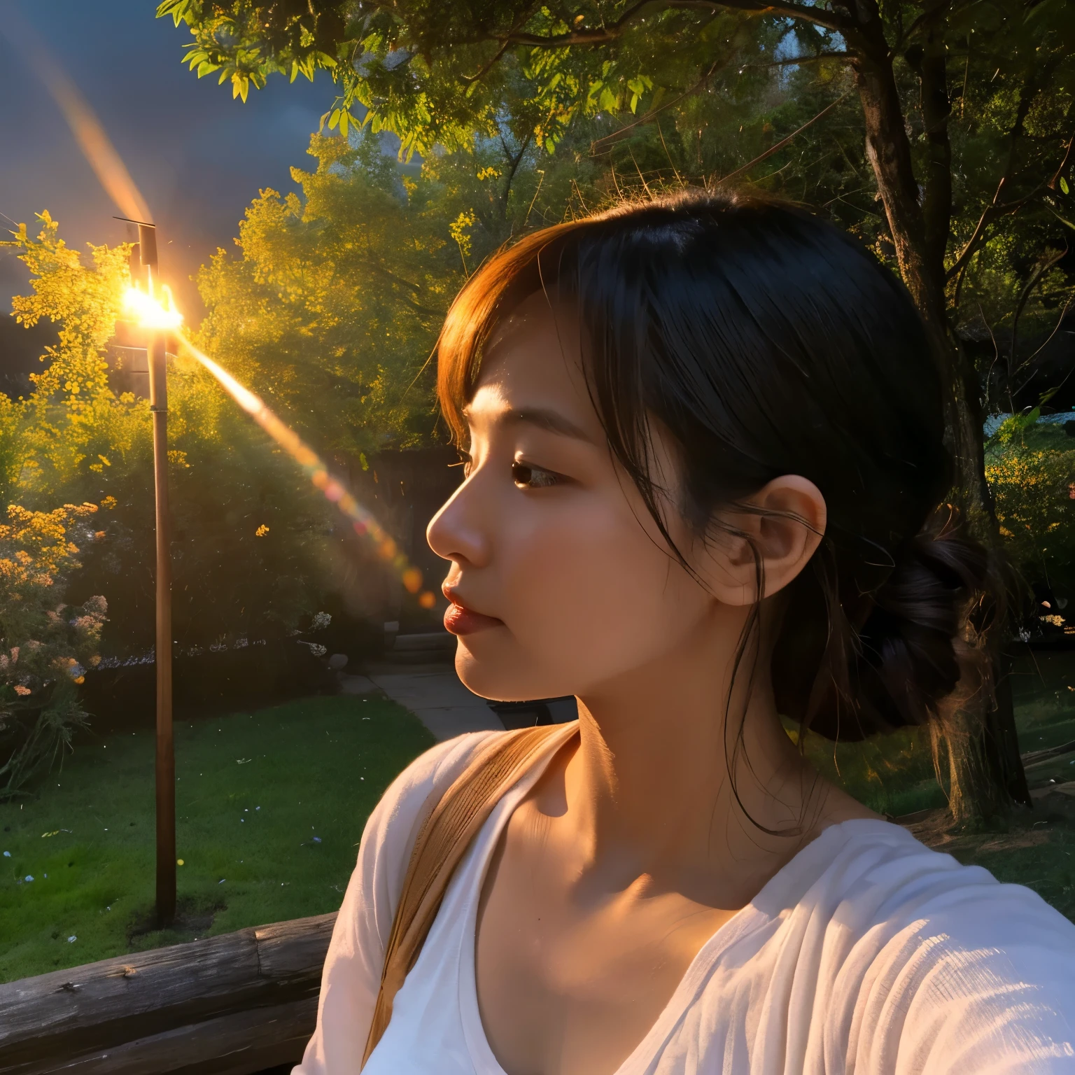 Hummingbird kissing cheek with one beautiful young asian woman ((Upper body selfie, Happy)), masutepiece, Best Quality, Ultra-detailed, ground, plein air, (Night), mountainscape, Nature, (Stars, Moon) Cheerful, Happy, forest, stony, River, Wood, Smoke, shadowy, Contrasty, crystal clear skies, Style, (warm tone, warm tone): 1.2), close-up, Cinematic Light, Side lighting, Ultra High Resolution, Best Shadow, raw, Upper body, realistic Style