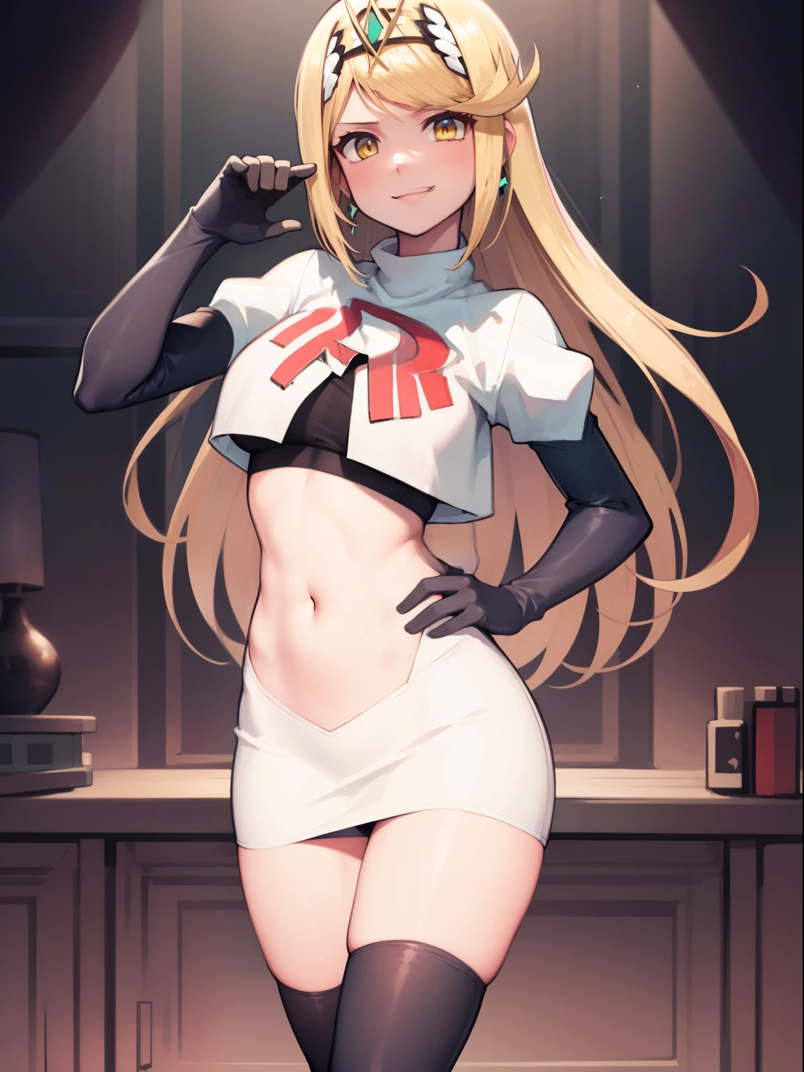mythra \(xenoblade\), blond hair, yellow eyes, team rocket uniform, red letter R, white skirt,white crop top,black thigh-high boots, black elbow gloves, looking at viewer, cowboy shot, sexy pose, smile
