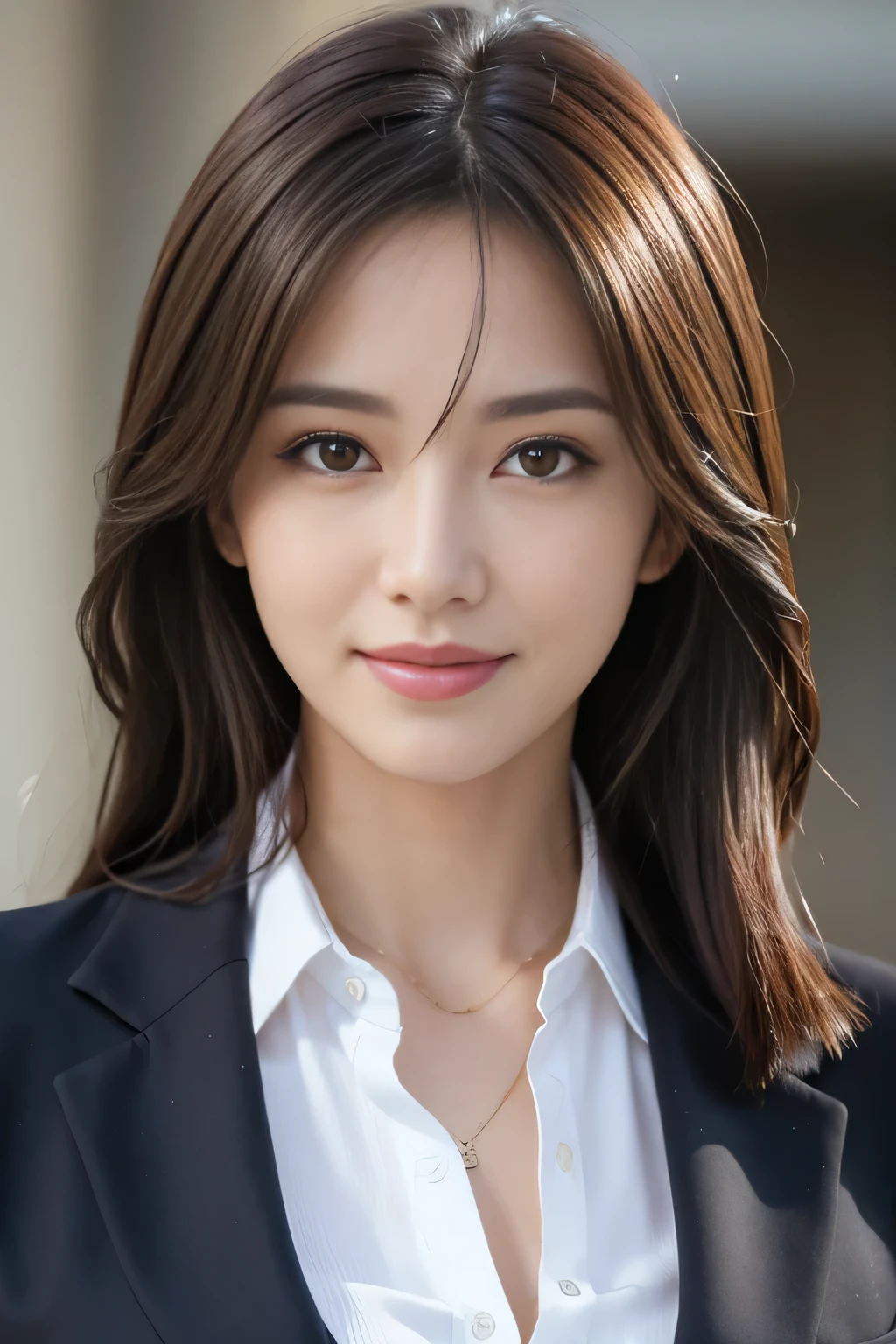 masutepiece, Best Quality, Photorealistic, Ultra-detailed, finely detail, High resolution, 8K Wallpaper, 1 beautiful woman,, light brown messy hair, in a business suit, foco nítido, Perfect dynamic composition, Beautiful detailed eyes, detailed hairs, Detailed realistic skin texture, Smiling, Close-up portrait, Model body type