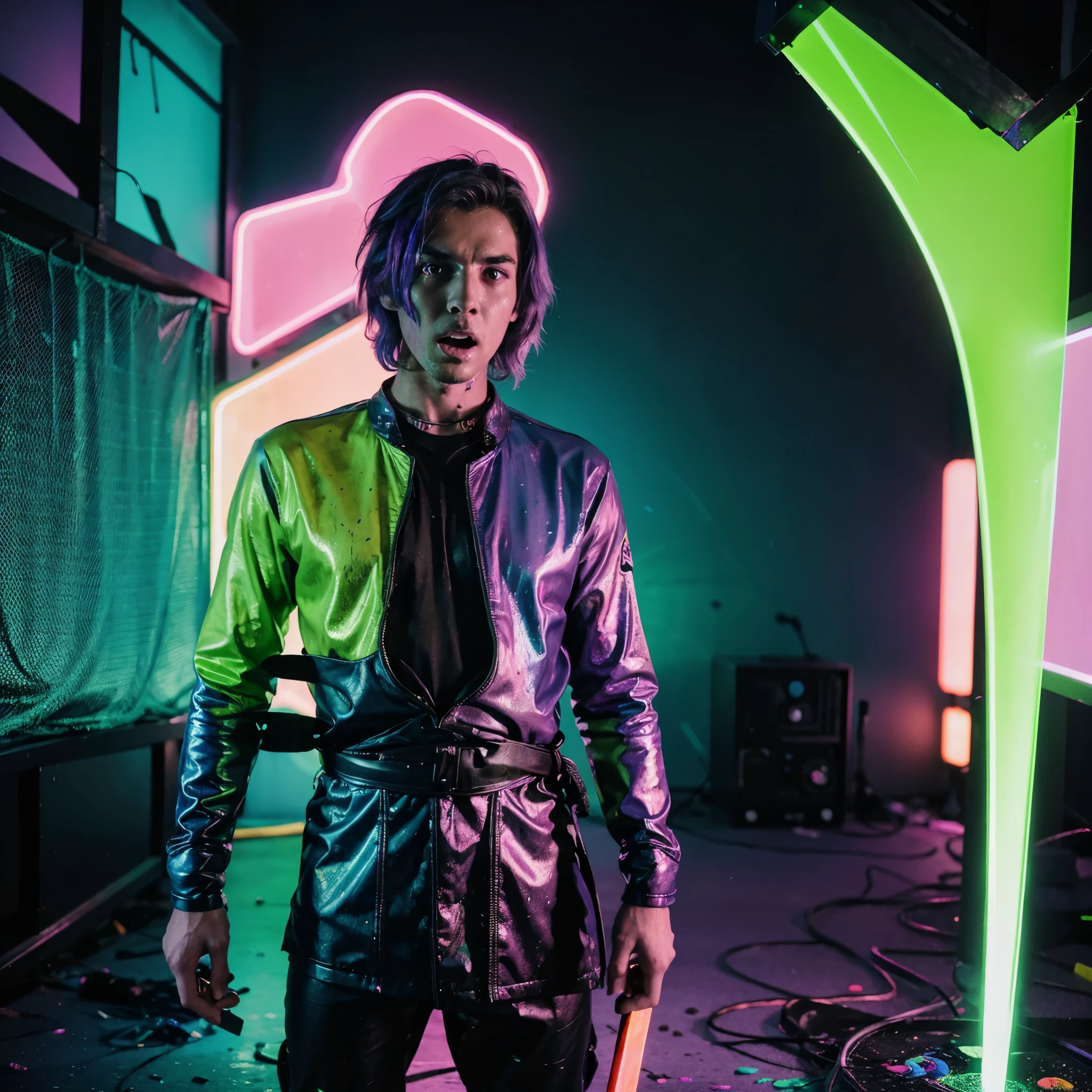 a realistic, neon psychedelic photo of a man with a sword inside of his head standing behind a neon psychedelic background screaming with neon green paint leaking from his head, vaporwave 1980s horror, static overlay