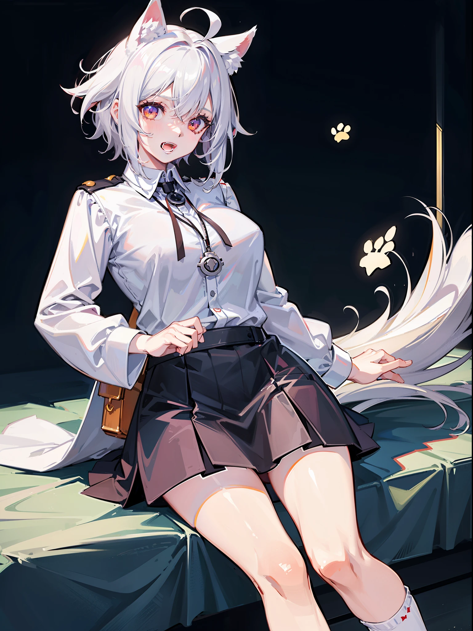 Accurate, Be red in the face, He wears dog tags around his neck, ((White color blouse)), (huge white sleeveless skirt)), (White knee-high sockrow leather shoes) , sit on a bed, (White hair), ahoge, hair between eye, Short hair details, yellow-eyed, (((dog ears))), light smile, ((Show fangs)), high detal, Anime Big breasts, style of anime, Realiy, lightand shade contrast, motionblur, Ray traching, vignetting, Standing painting, first person perspective, Standing painting, first person perspective, hyper HD, retinas, tmasterpiece, Anatomically correct, ctextured skin, super detailing, high detals, high qulity, Award-Awarded, Best quality at best, A high resolution, 16k,Huge dog tail,Handsome