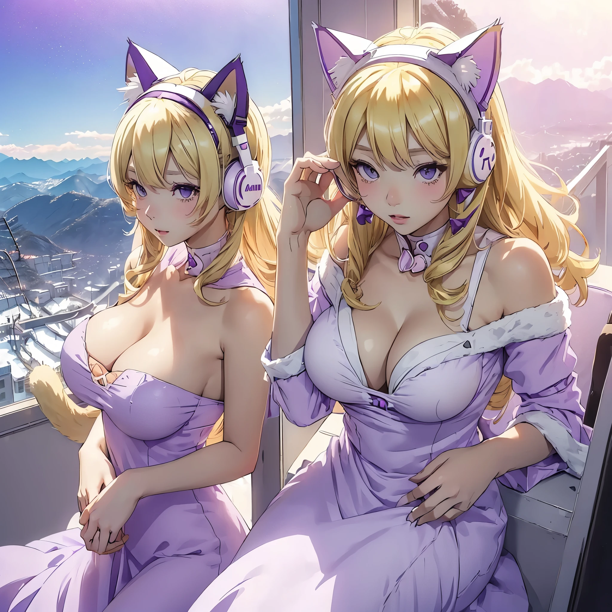 (((cat girl))), (((White Headphone))), (((Blonde))), (((Korean))), (((purple dress))), cleavage, (((Beautiful face))), winter, (((panoramic view))), (((anime))), (((pastel))), (((medium boobs))), (((hide hands)))