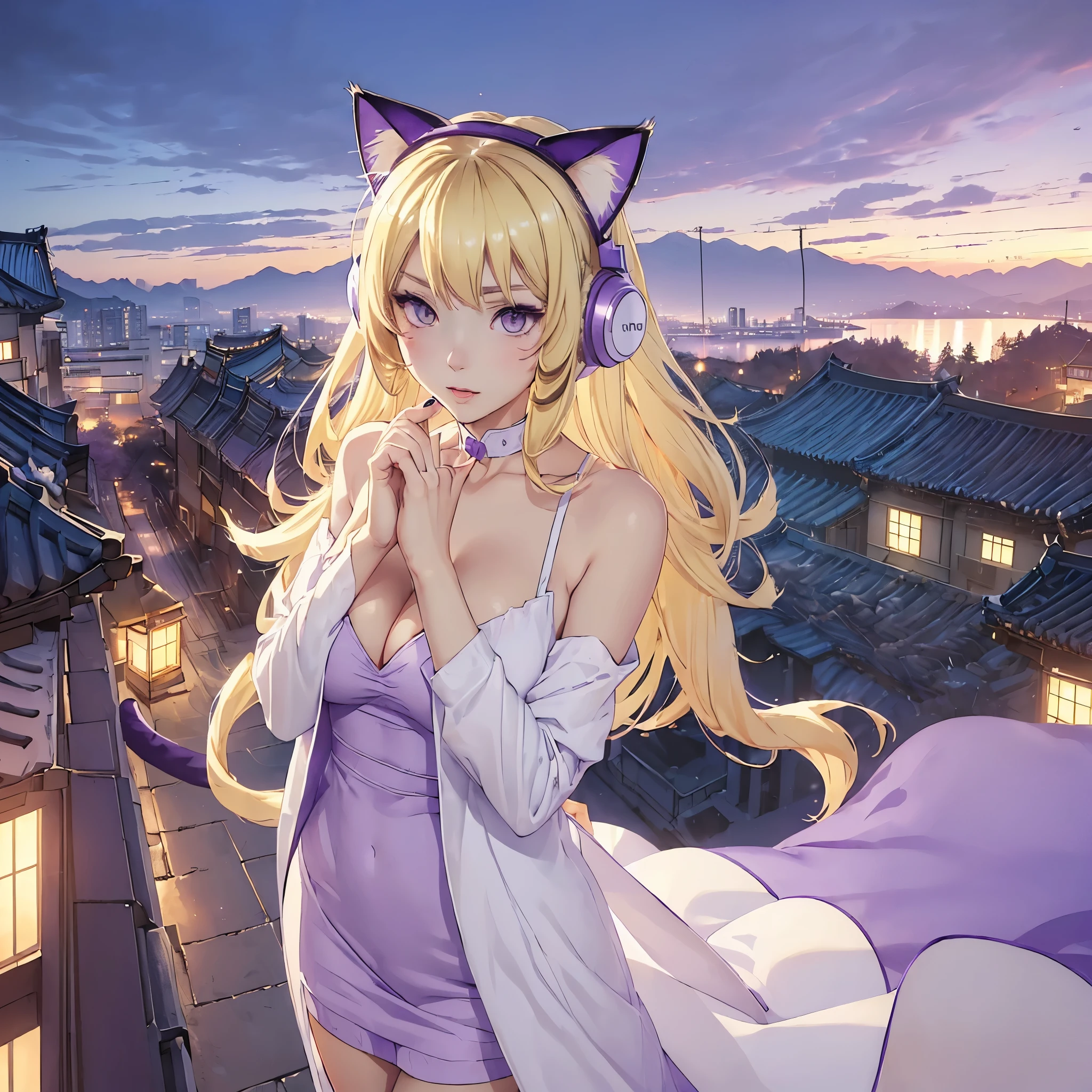 (((cat girl))), (((White Headphone))), (((Blonde))), (((Korean))), (((Tall))), (((Slender))), (((purple dress))), cleavage, (((Beautiful face))), winter, (((panoramic view))), (((anime))), (((pastel))), (((hide hands))) (((Hide Fingers)))