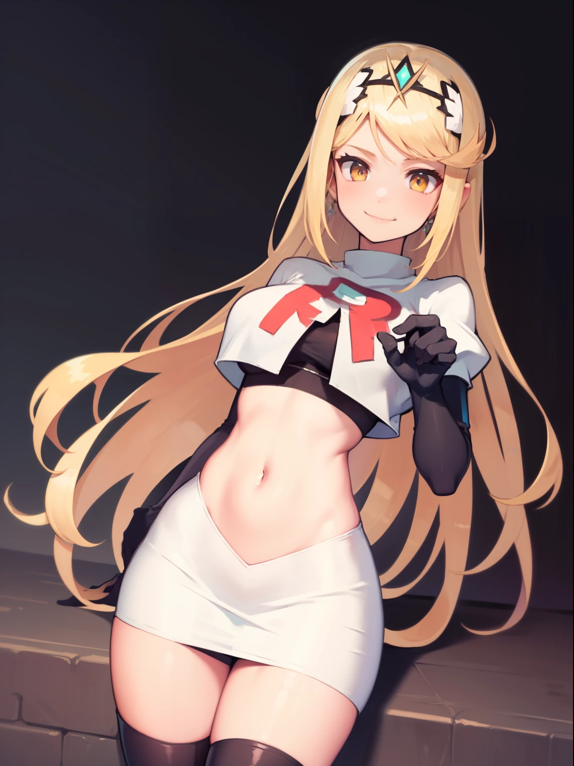 mythra \(xenoblade\), blond hair, yellow eyes, team rocket uniform, red letter R, white skirt,white crop top,black thigh-high boots, black elbow gloves, looking at viewer, cowboy shot, sexy pose, smile