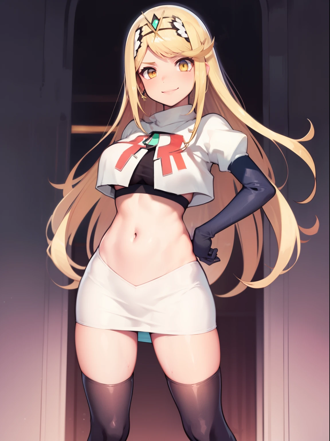 masterpiece, best quality, long hair,  medium breast, cleavage, navel, slim legs, morgan fate blonde hair, nurse, nervous, short skirt, mature women, standing, bedroom