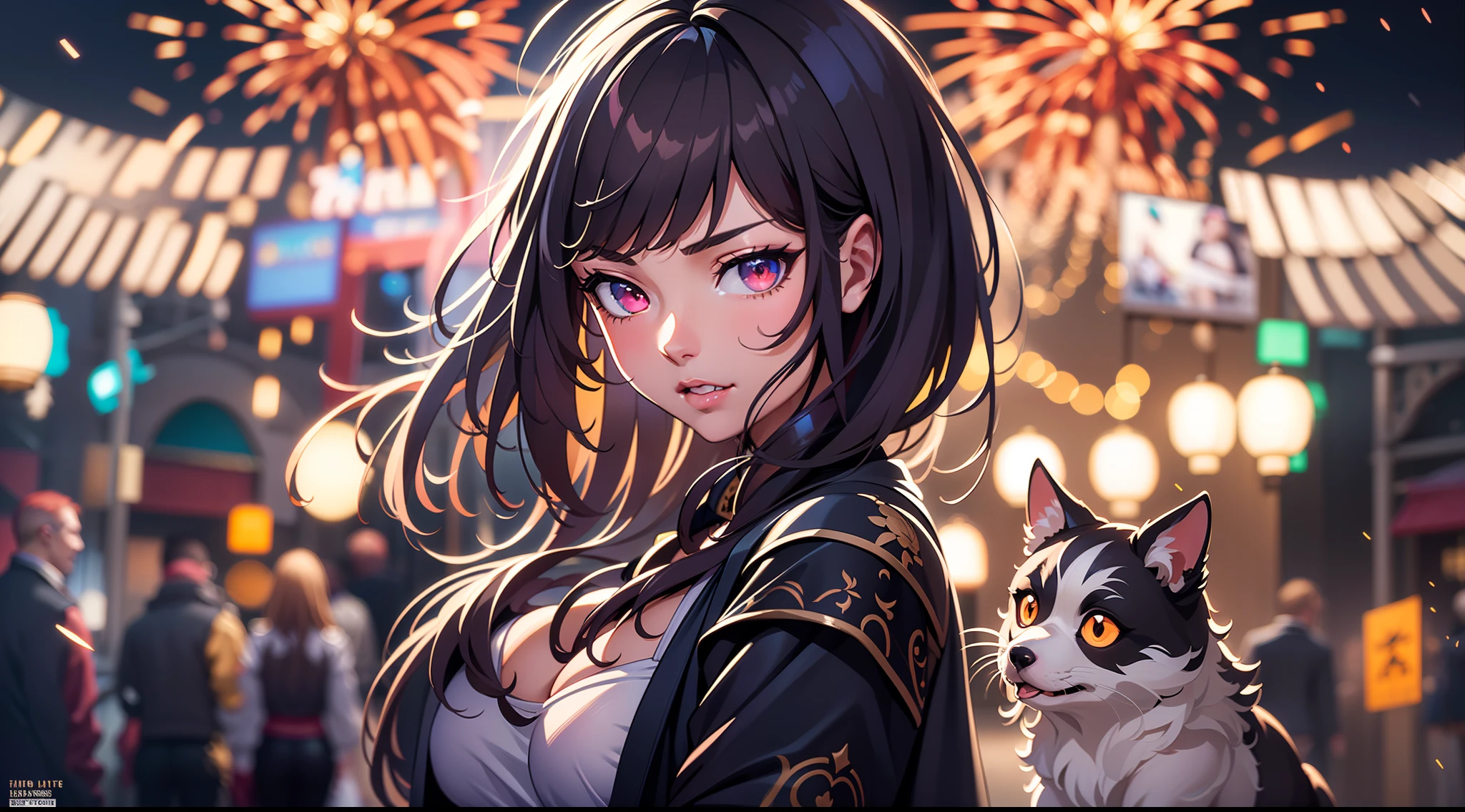 full body portrait of a photo realistic beautiful girl, 1 girl, facing forward, waifu, flowing hair, short modern New Year's clothing, big beautiful flirtateous open eyes, standing straight, cinematic lighting, New Year holiday night time firework setting, highly detailed, digital painting, trending on artstation, pixiv, concept art, sharp focus, illustration, art by ross tran and wlop, Glowing eyes, Best quality, good lighting, large breasts with cleavage, seductive face, Masterpiece, highres,sharp focus,(ultra detailed,extremely detailed),(photorealistic artwork:1.37),(extremely detailed CG unity 8k wallpaper),(((vibrant colors,vibrant theme))),(intricate),(masterpiece),(best quality), girl is playing with a cute small dog