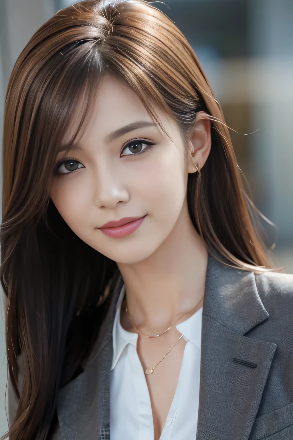 masutepiece, Best Quality, Photorealistic, Ultra-detailed, finely detail, High resolution, 8K Wallpaper, 1 beautiful woman,, light brown messy hair, in a business suit, foco nítido, Perfect dynamic composition, Beautiful detailed eyes, detailed hairs, Detailed realistic skin texture, Smiling, Close-up portrait, Model body type