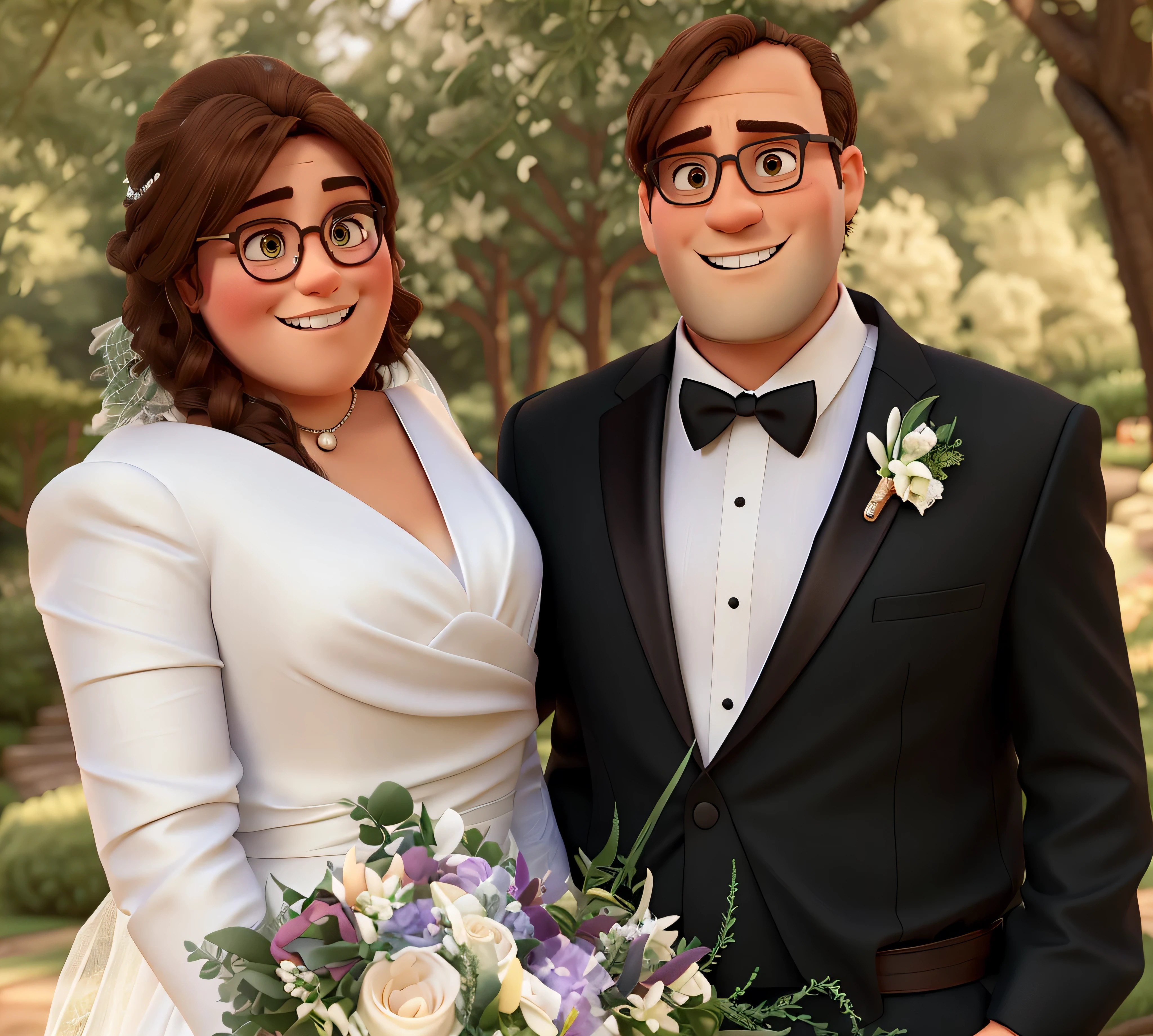 cute wedding couple, bride and groom, cartoon, disney Pixar, maintain faces, HD , 8k standing in front of beautiful forest , bride is slightly chunky, bride wearing v neck wedding dress , wedding dress is v-neck, bride has extra long black hair, bride has nothing in hair , bride wearing round pink glasses , bride holding flower bouquet , groom is slightly chunky, groom has light brown hair, groom wearing browline glasses , groom wearing black tuxedo with bow tie