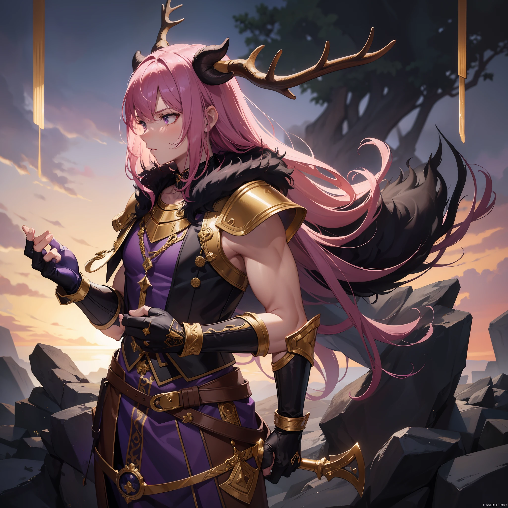 (Best quality), (masterpiece), (ultra detailed), (masterpiece), (ultra detailed), ((1male)), male focus, solo, Satyr, ((deer antlers)), beautiful, handsome, black fur, dark theme, ((pink hair)), ((chestwear:(vest:purple))), (handwear:(fingerless_gloves))), bard, mature, young 20s, bold expression, fierce, determined gaze, satyr anthro, full body, beautiful, smooth skin, physically fit, armored, wearing a breastplate, gold trimmed armor, wearing a cloak, dressed in robes, has a hood on, combat, ready to fight, holding_lute, has a lute, stringed instrument, academy