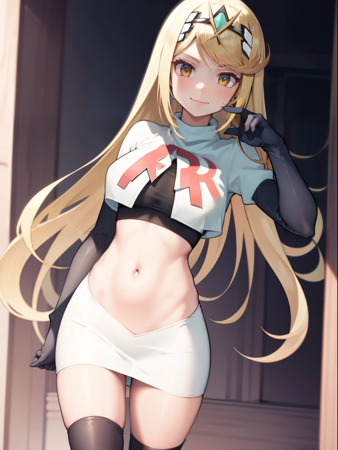 (masterpiece, best quality) detailed, Wearing black tights, Blonde ,elegant, (Fox ears),Red Eyeshadow, ,Chinese element pattern,thigh,漏出thigh,White shirt,Deep V one-piece swimsuit