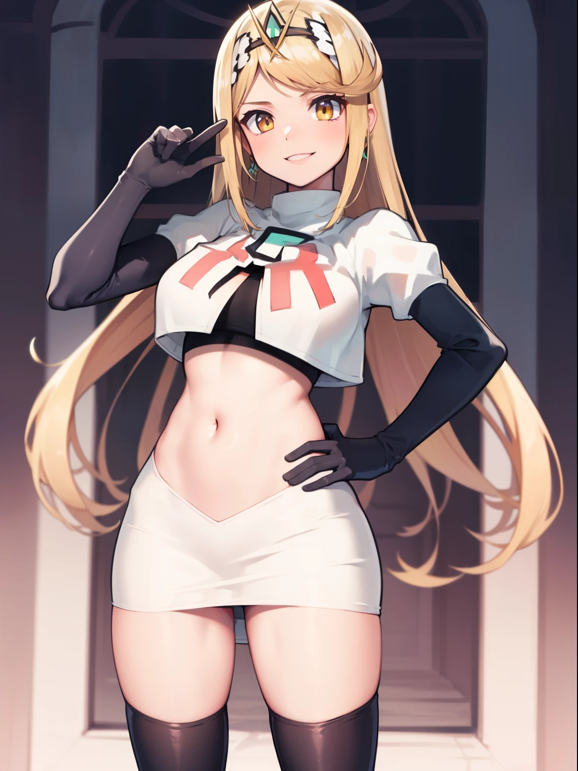 mythra \(xenoblade\), blond hair, yellow eyes, team rocket uniform, red letter R, white skirt,white crop top,black thigh-high boots, black elbow gloves, looking at viewer, cowboy shot, sexy pose, smile