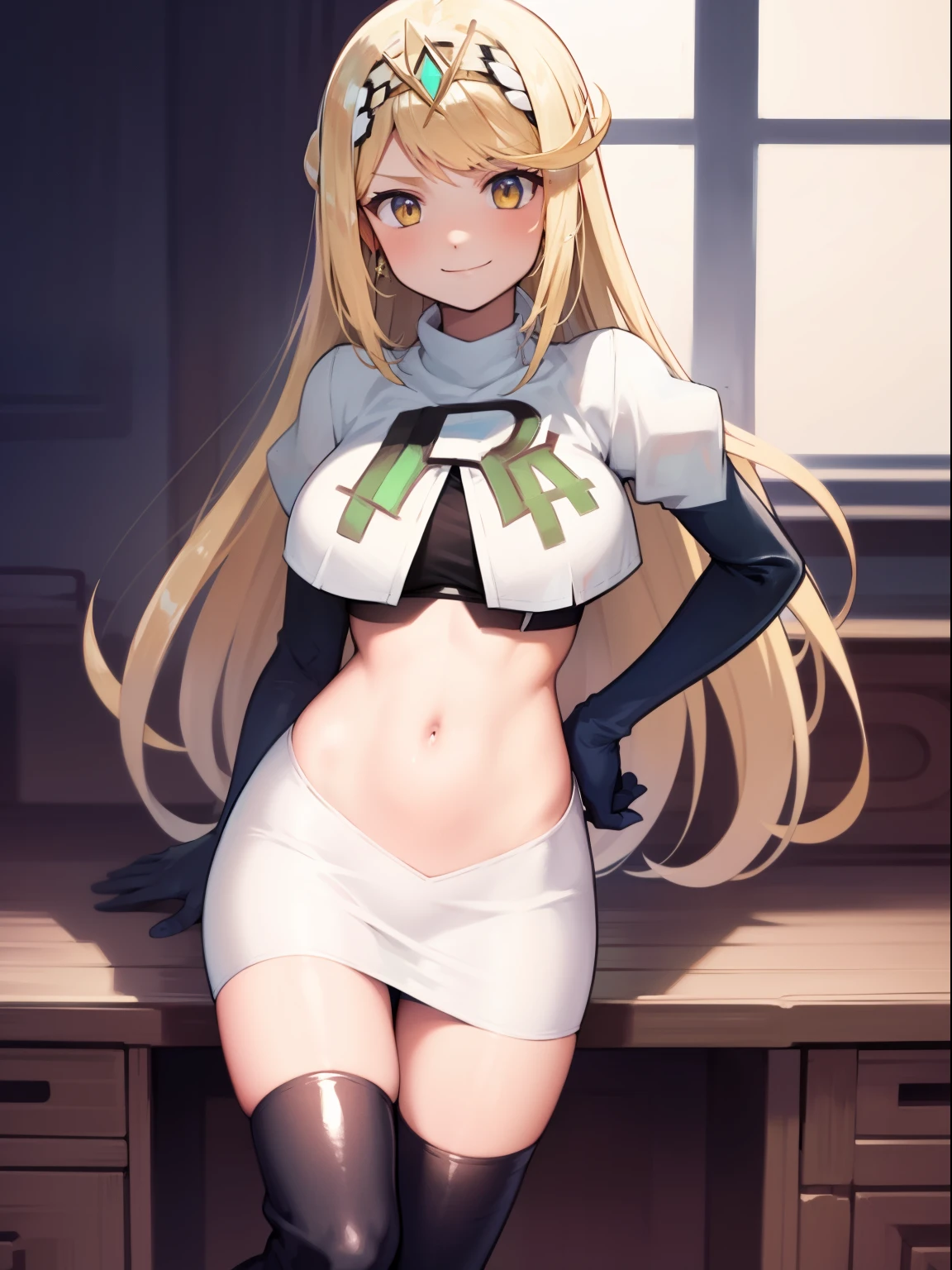 mythra \(xenoblade\), blond hair, yellow eyes, team rocket uniform, red letter R, white skirt,white crop top,black thigh-high boots, black elbow gloves, looking at viewer, cowboy shot, sexy pose, smile