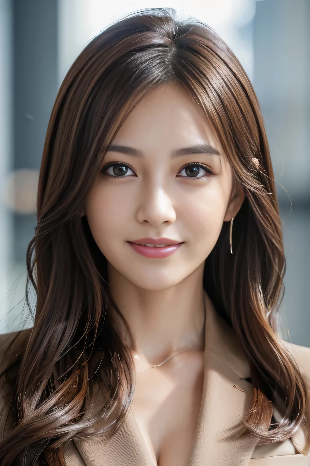 masutepiece, Best Quality, Photorealistic, Ultra-detailed, finely detail, High resolution, 8K Wallpaper, 1 beautiful woman,, light brown messy hair, in a business suit, foco nítido, Perfect dynamic composition, Beautiful detailed eyes, detailed hairs, Detailed realistic skin texture, Smiling, Close-up portrait, Model body type