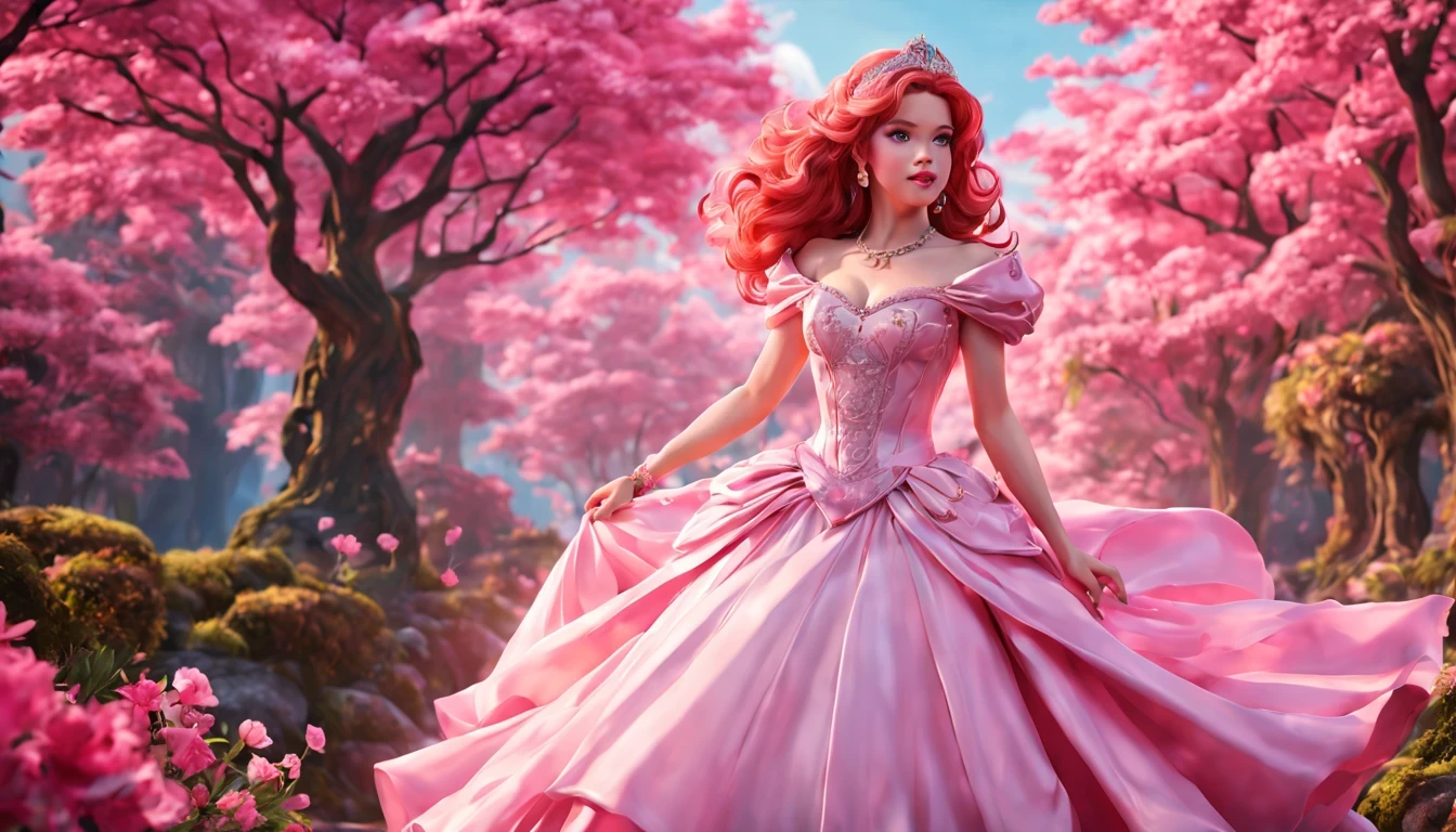 There is a beautiful girl "Molly Ringwald", em um vestido de baile, anime barbie em branco, pink space, Princesa Anime, paisagem da princesa, princesa de cabelos loiros, sorriso gentil, Kushatt Krenz Key Art Mulheres, 3d stylized rendering, 3D rendering of 8k character art, arte digital detalhada bonito, Anime estilo 3D，master part, super detalhado, Epic composition, extremely high quality，Epic digital art of romantic fantasy，Epic fairytale fantasy digital art，Mythological fantasy，